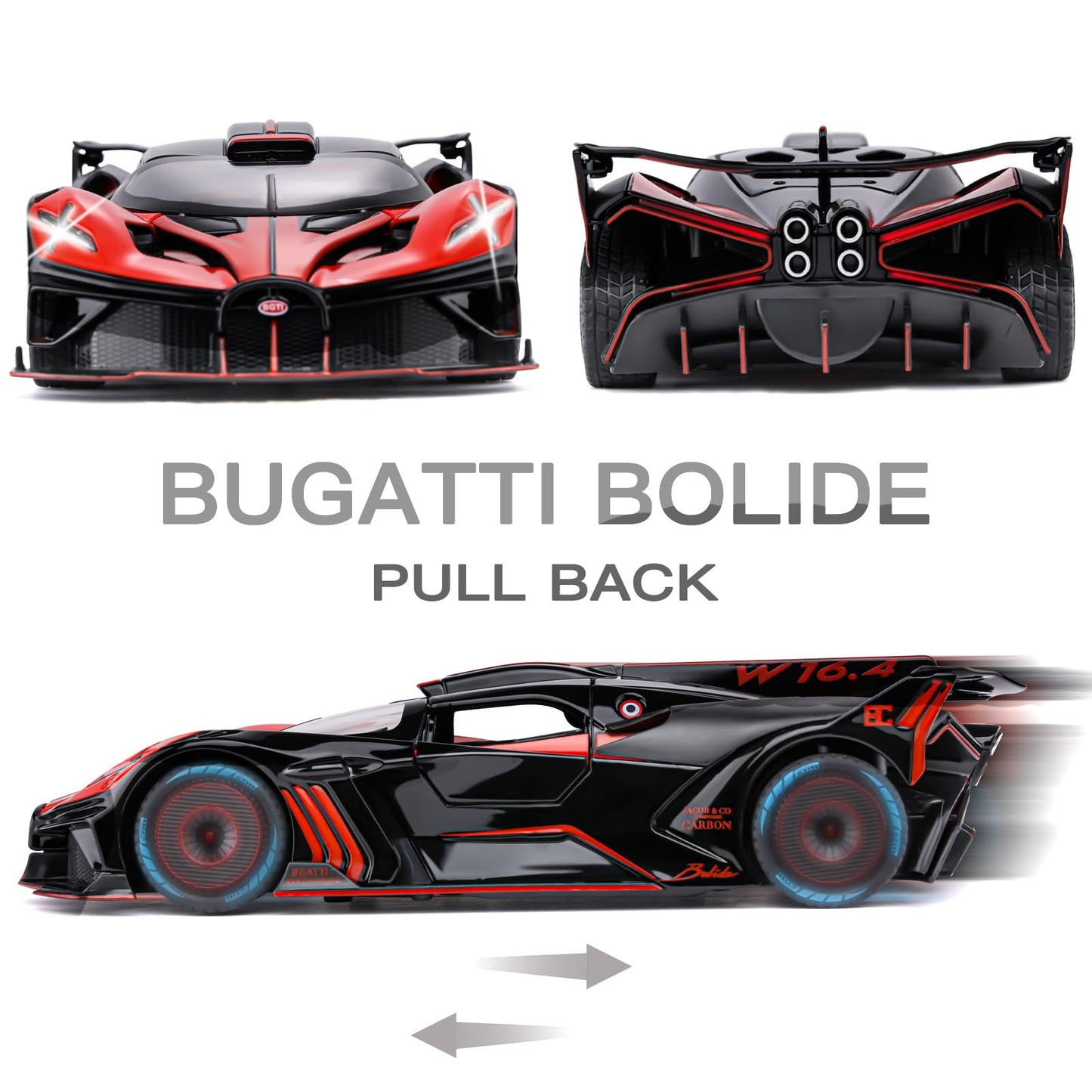 SASBSC 1:24 Bugatti Bolide Diecast Toy Car with Lights, Pull-Back Action, and Realistic Sound – Red