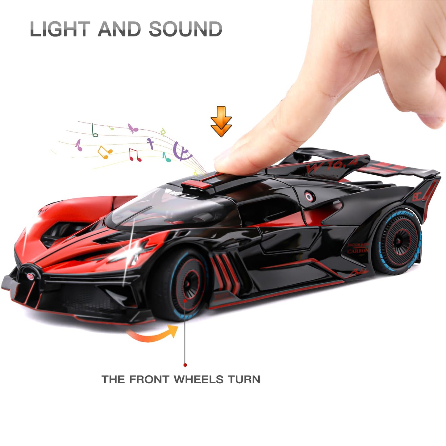 SASBSC 1:24 Bugatti Bolide Diecast Toy Car with Lights, Pull-Back Action, and Realistic Sound – Red