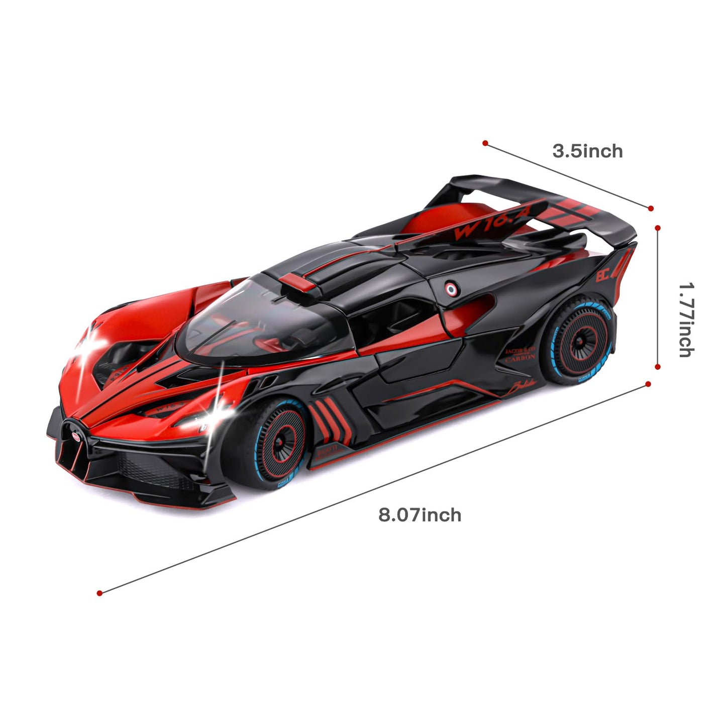 SASBSC 1:24 Bugatti Bolide Diecast Toy Car with Lights, Pull-Back Action, and Realistic Sound – Red