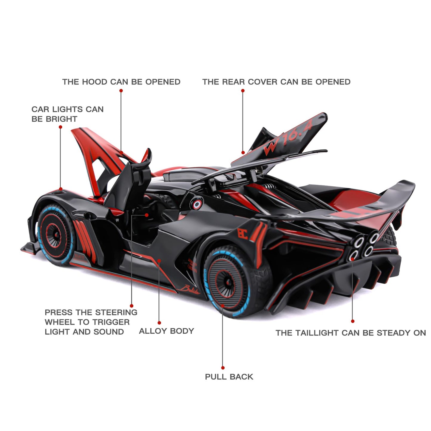 SASBSC 1:24 Bugatti Bolide Diecast Toy Car with Lights, Pull-Back Action, and Realistic Sound – Red