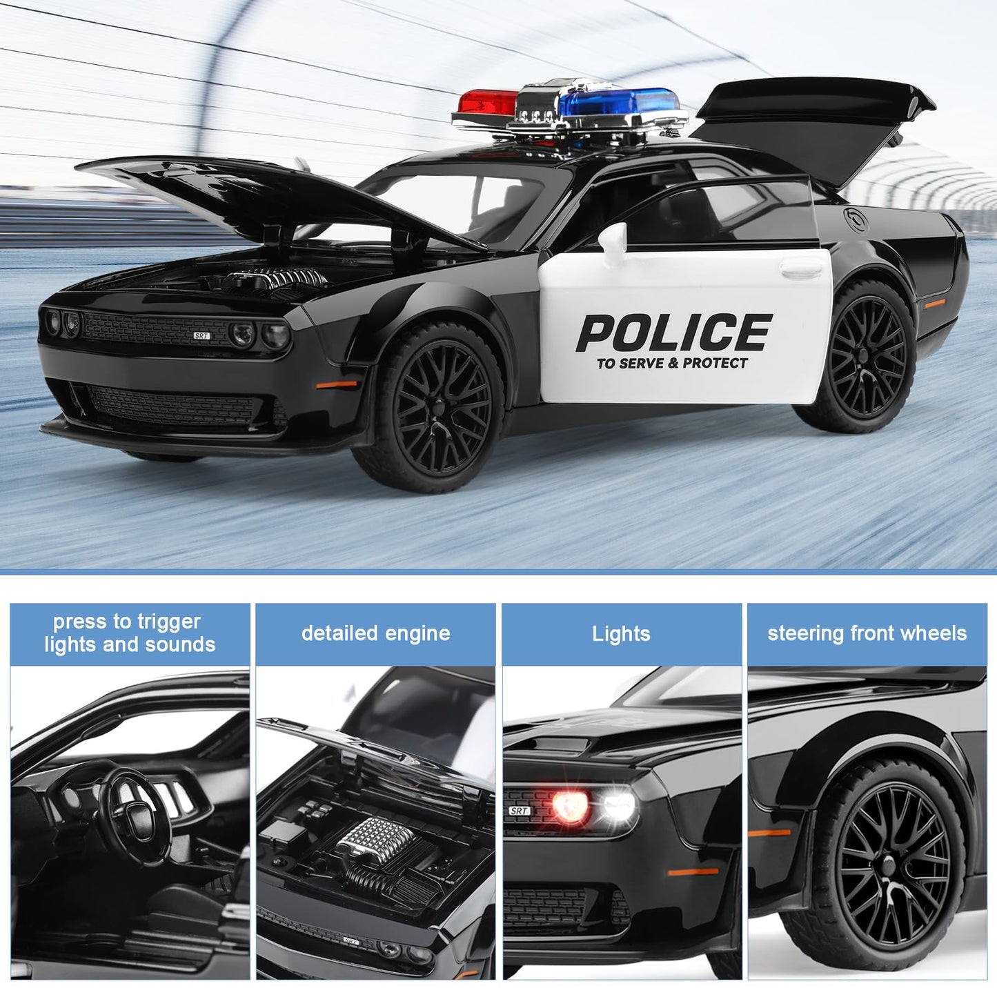 SASBSC Police Car Diecast 1:32 Scale – Light & Sound Pull-Back Car for Kids 3–12