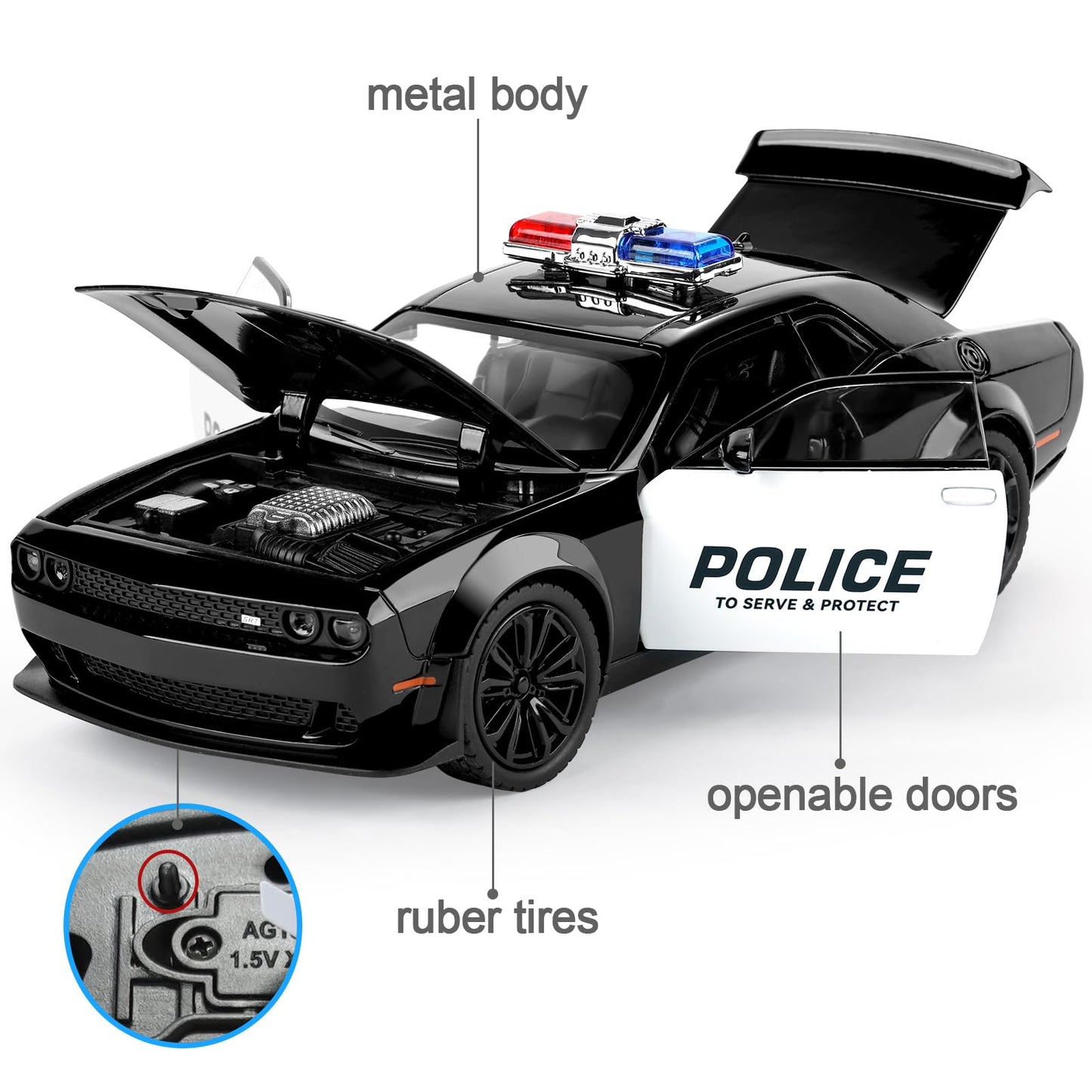 SASBSC Police Car Toys for Boys 3-12 – Metal Diecast Pull-Back Car with Lights & Sounds