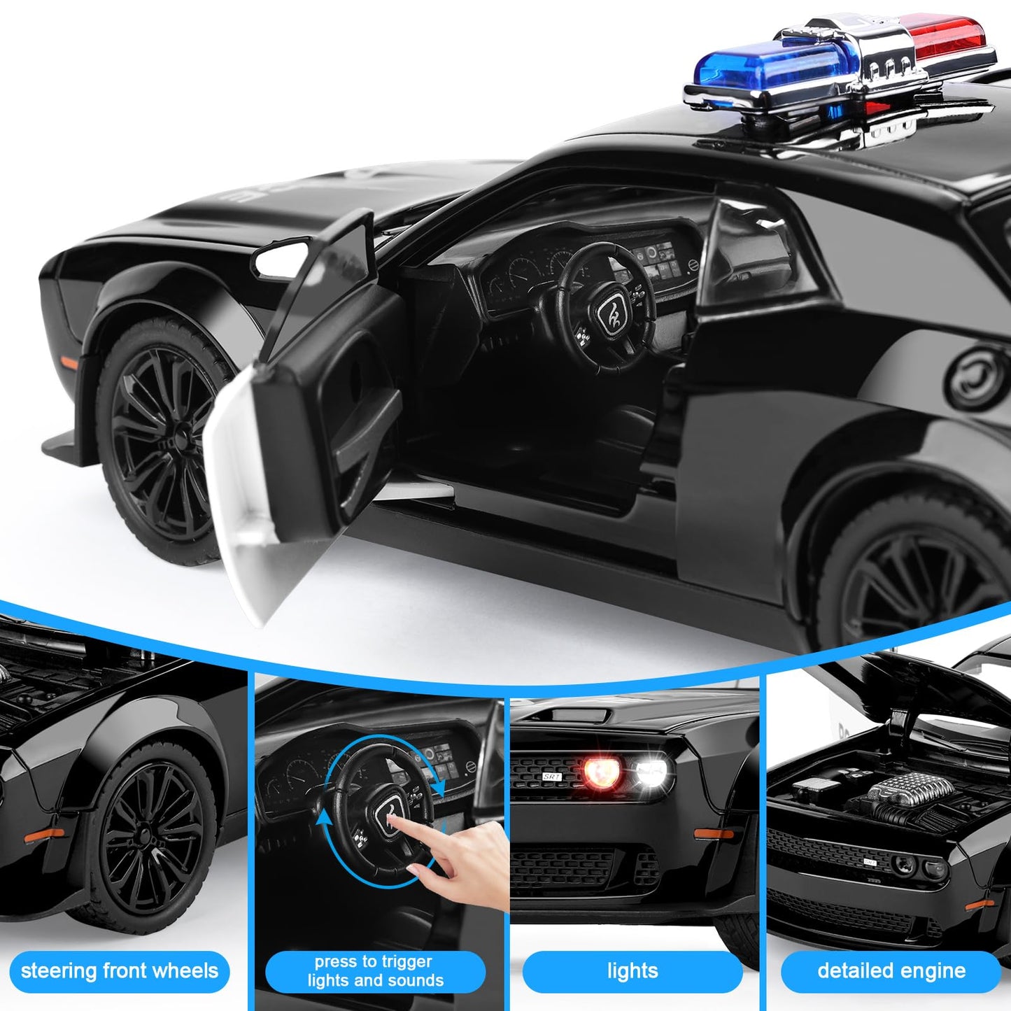 SASBSC Police Car Toys for Boys 3-12 – Metal Diecast Pull-Back Car with Lights & Sounds