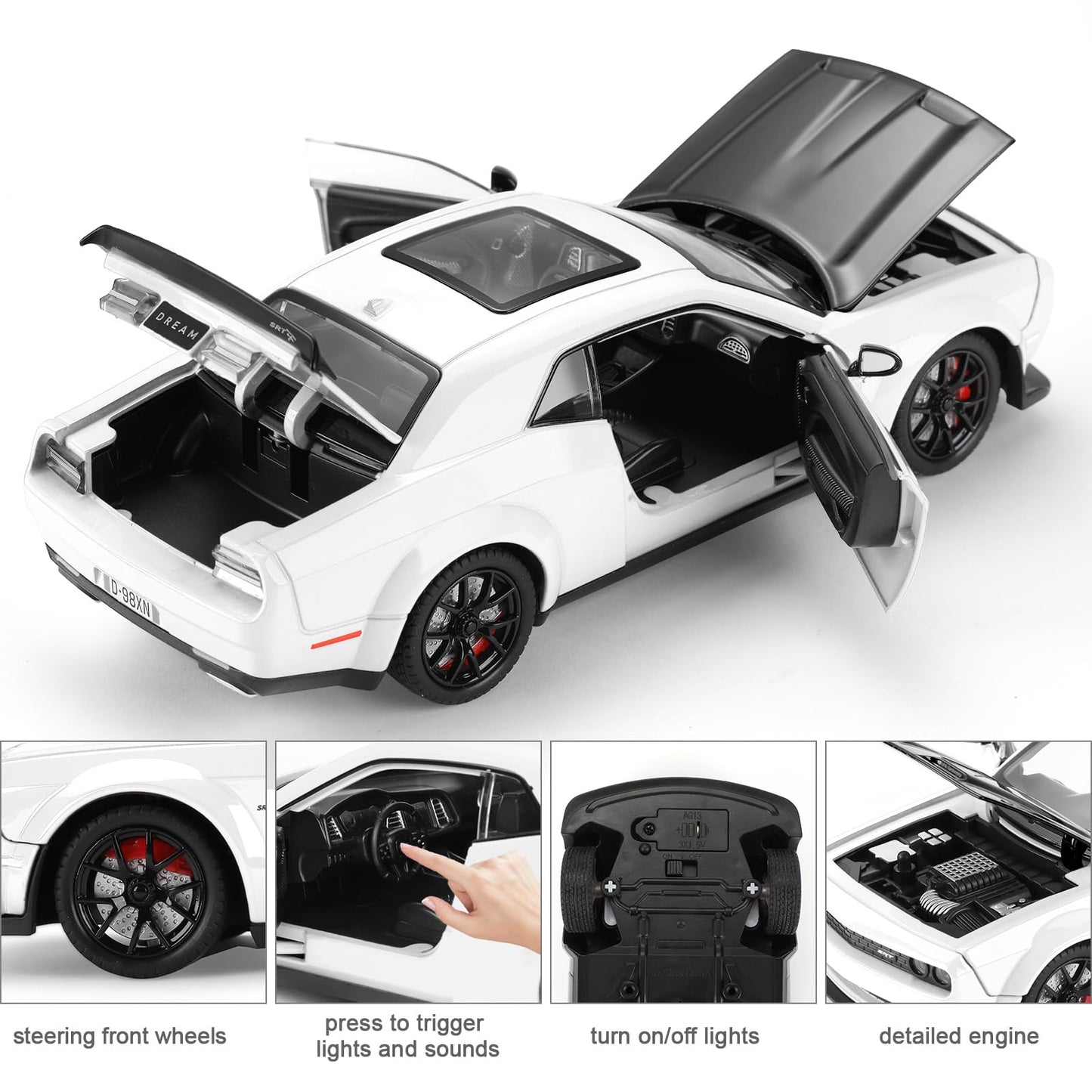 SASBSC 1:24 Diecast Muscle Car Toy with Lights & Sounds – White