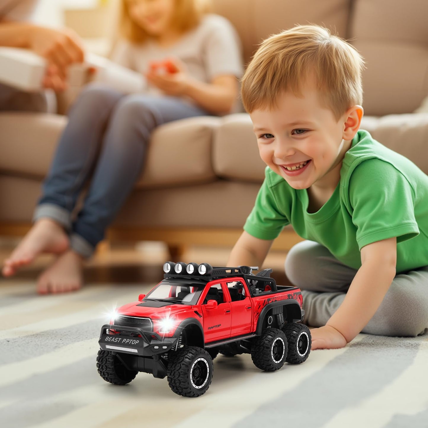 SASBSC 1:24 Diecast Toy Truck Pickup – Sound & Light, Pull-Back Action