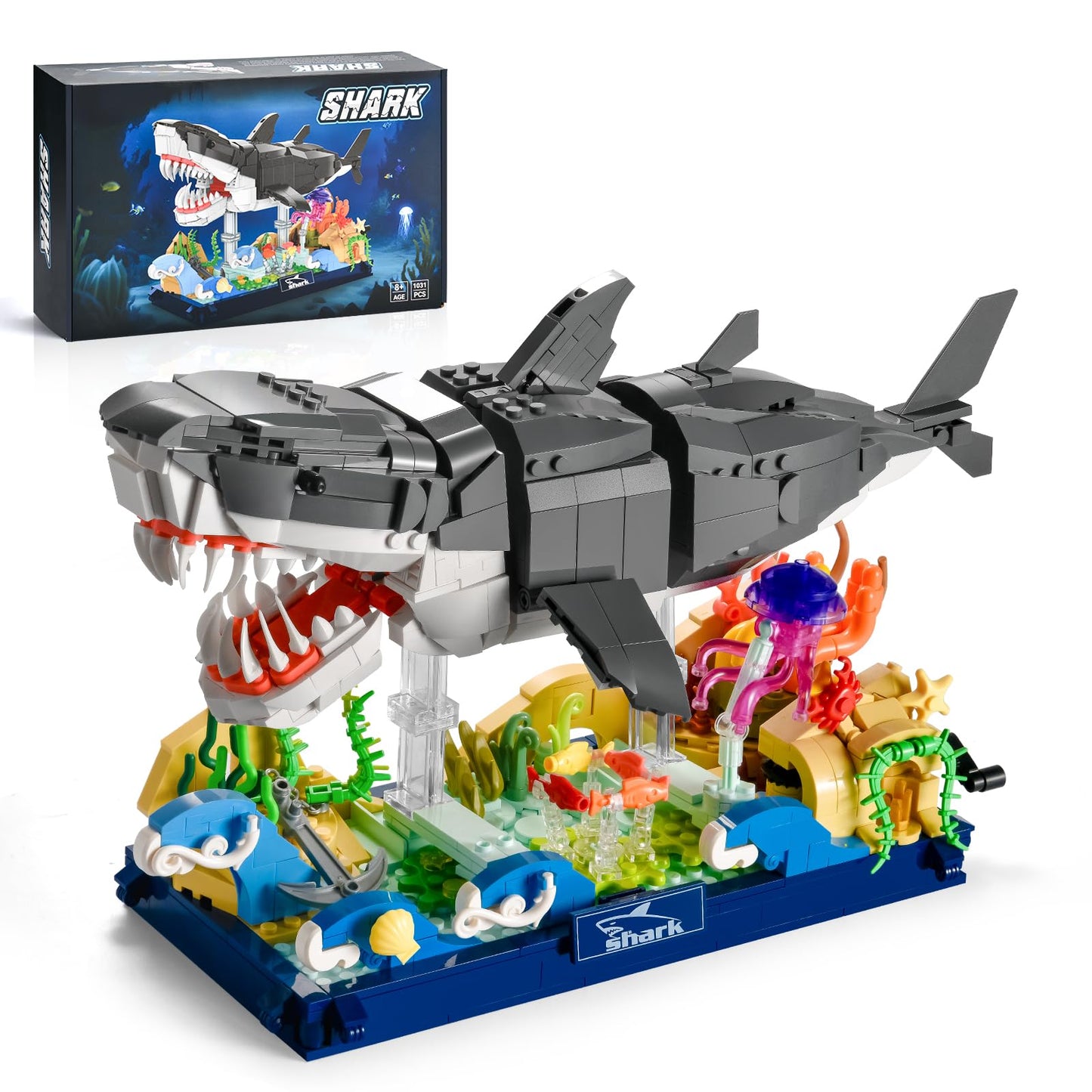 SATHIBI Mechanical Shark Building Set – 1031 Pcs with Stand for Adults & Teens