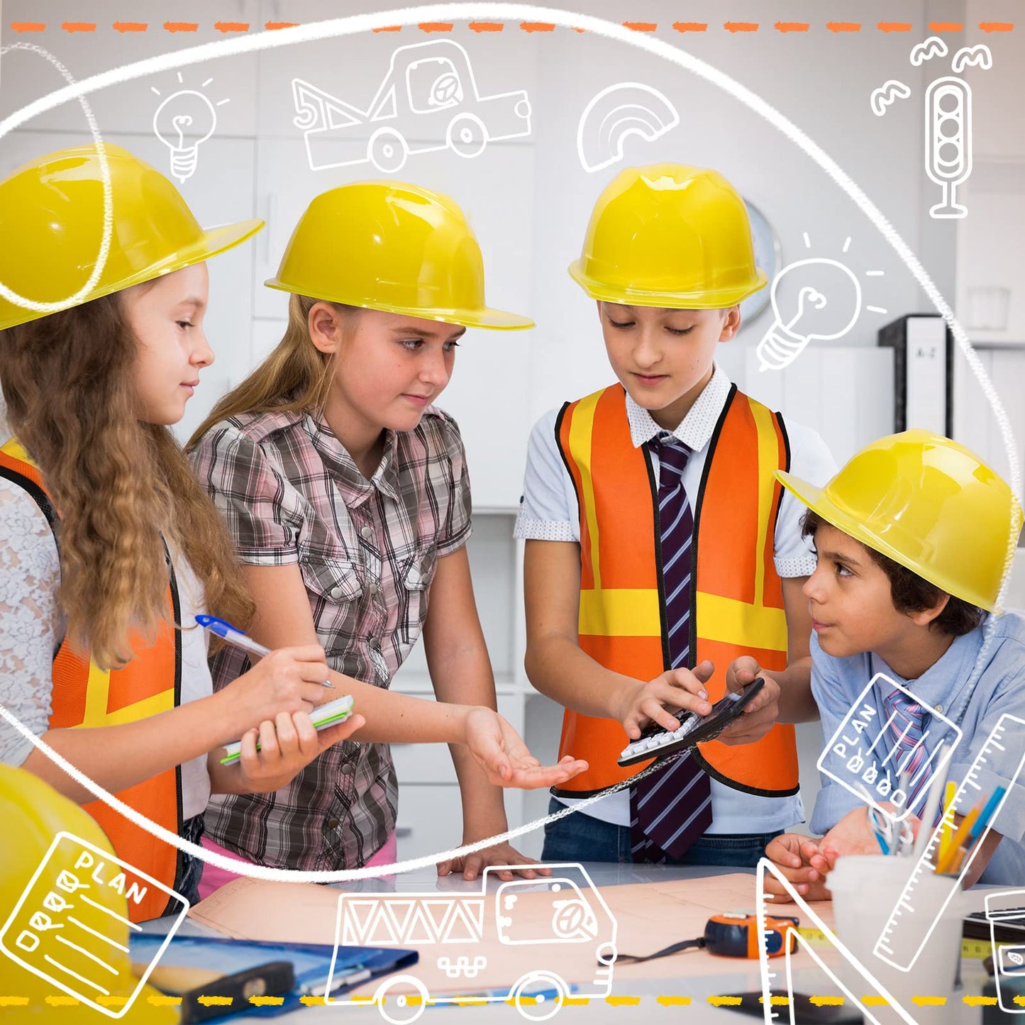 SATINIOR 24 Pcs Construction Costume Kit for Kids – Orange Vest & Yellow Helmet (17 x 13.7 in)