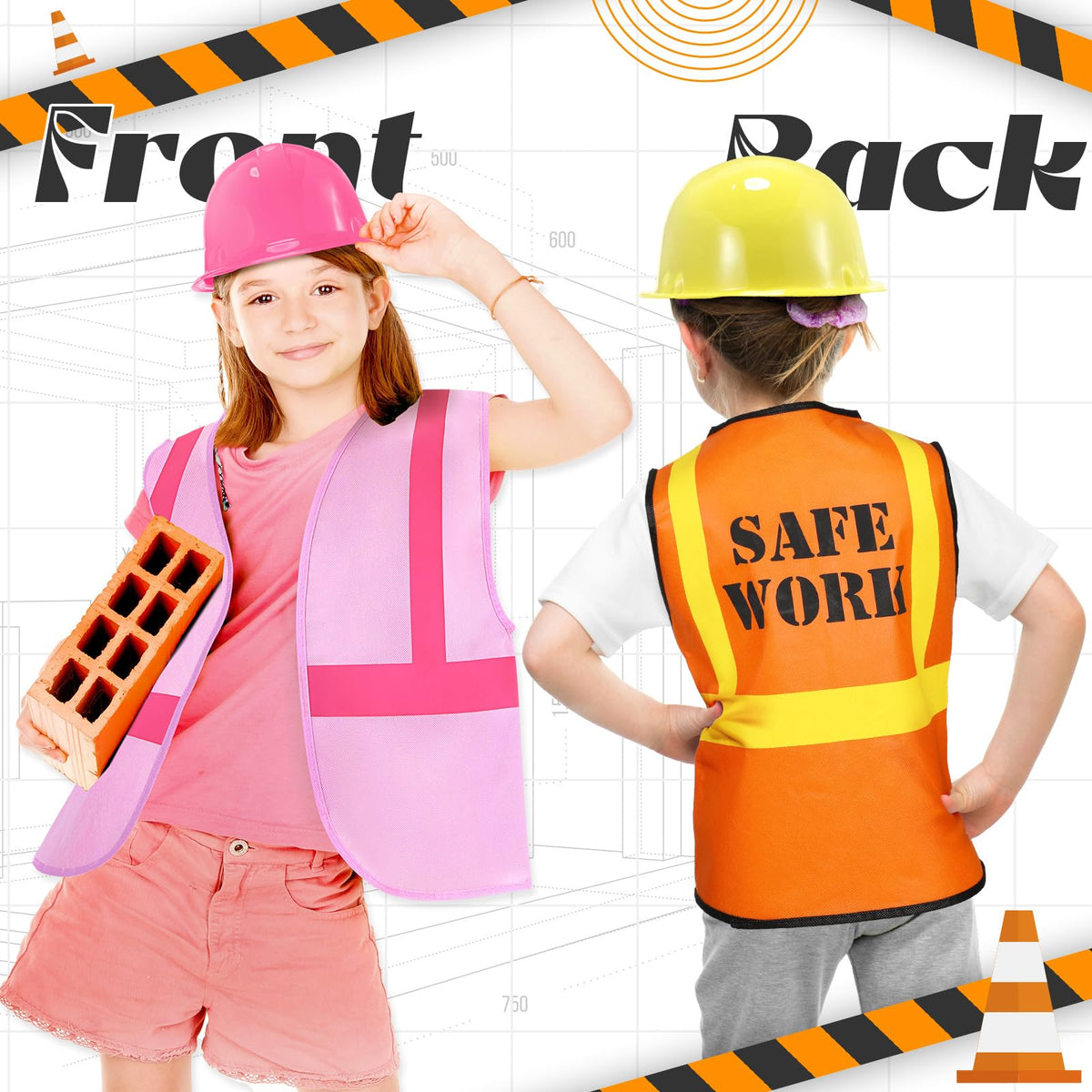 SATINIOR 24 Pcs Construction Party Set — Kids Hat & Vest Dress-Up (Orange & Pink)