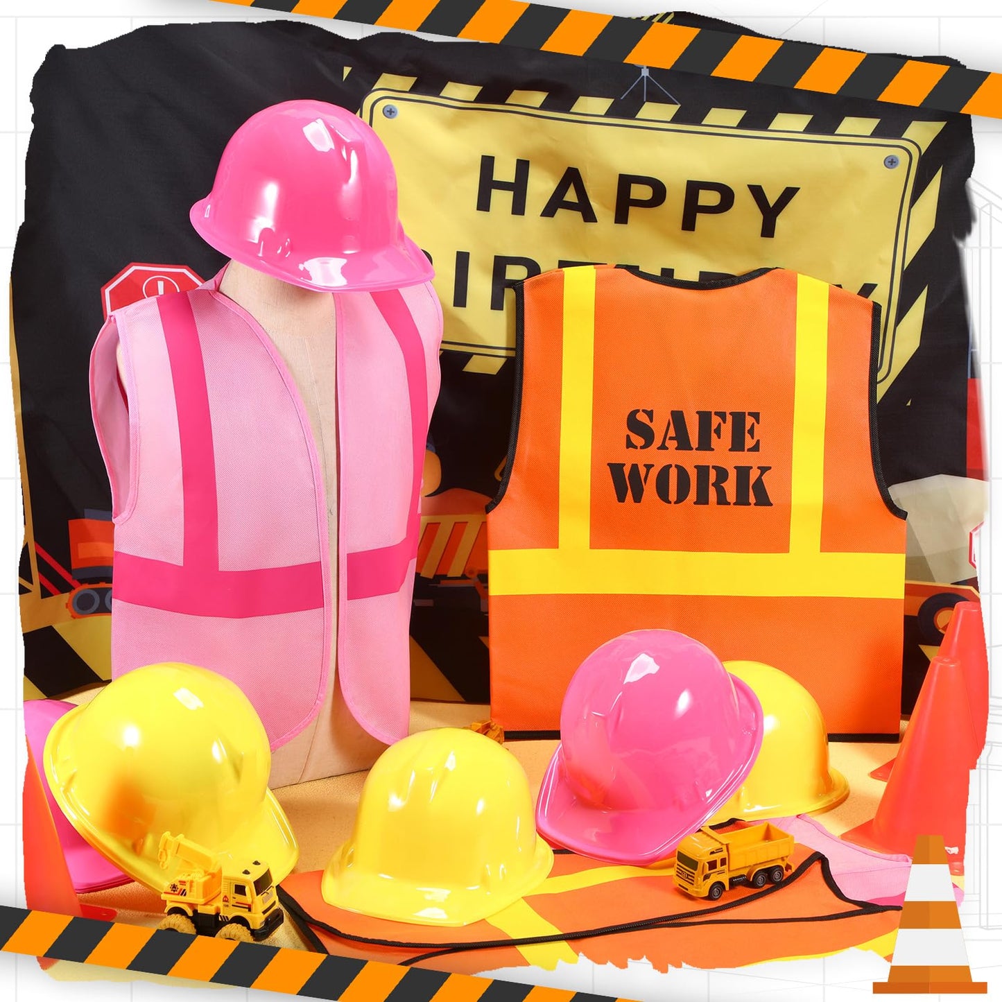 SATINIOR 24 Pcs Construction Party Set — Kids Hat & Vest Dress-Up (Orange & Pink)