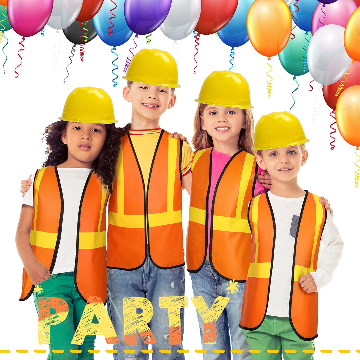 SATINIOR 24 Pcs Construction Costume Kit for Kids – Orange Vest & Yellow Helmet (17 x 13.7 in)