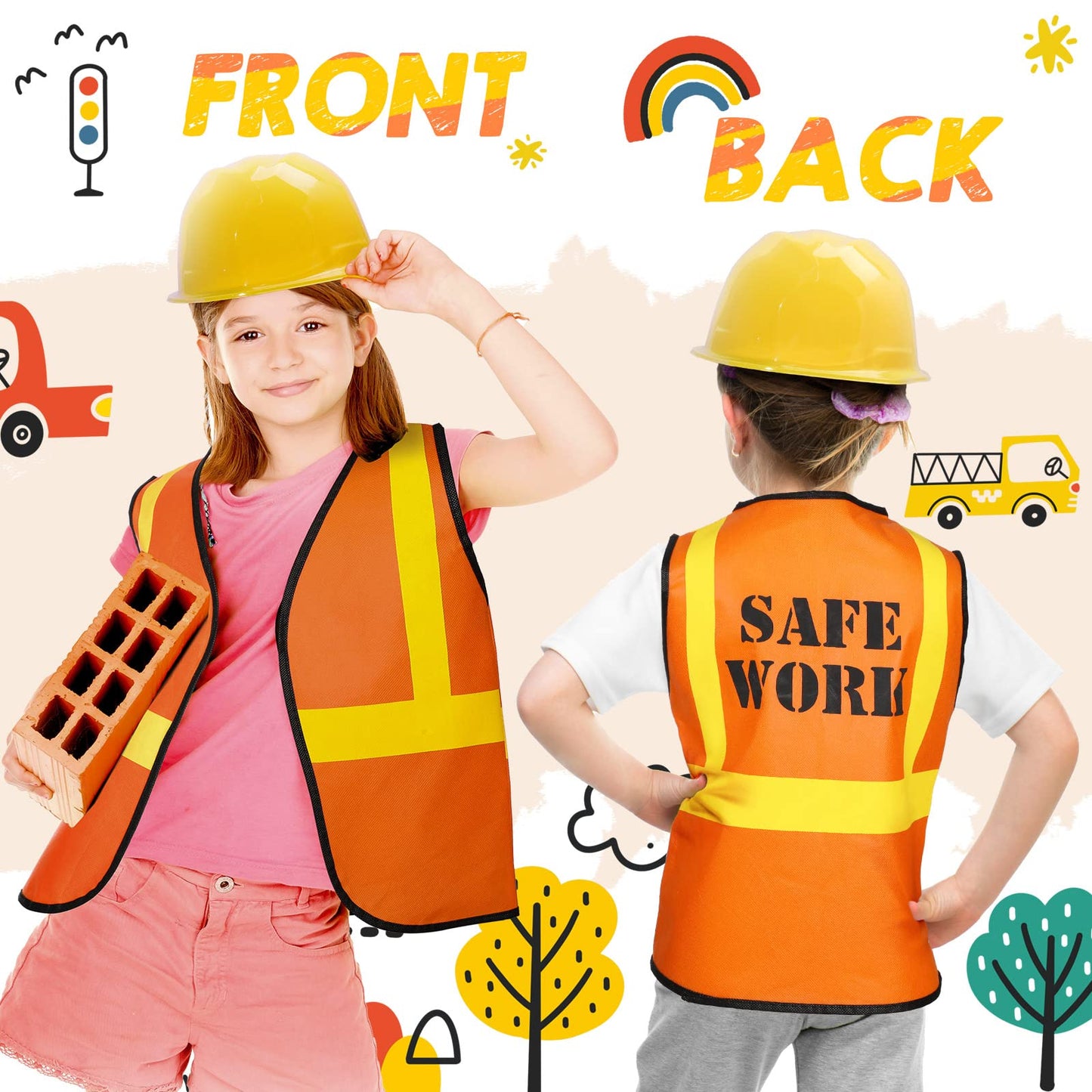 SATINIOR 24 Pcs Construction Costume Kit for Kids – Orange Vest & Yellow Helmet (17 x 13.7 in)