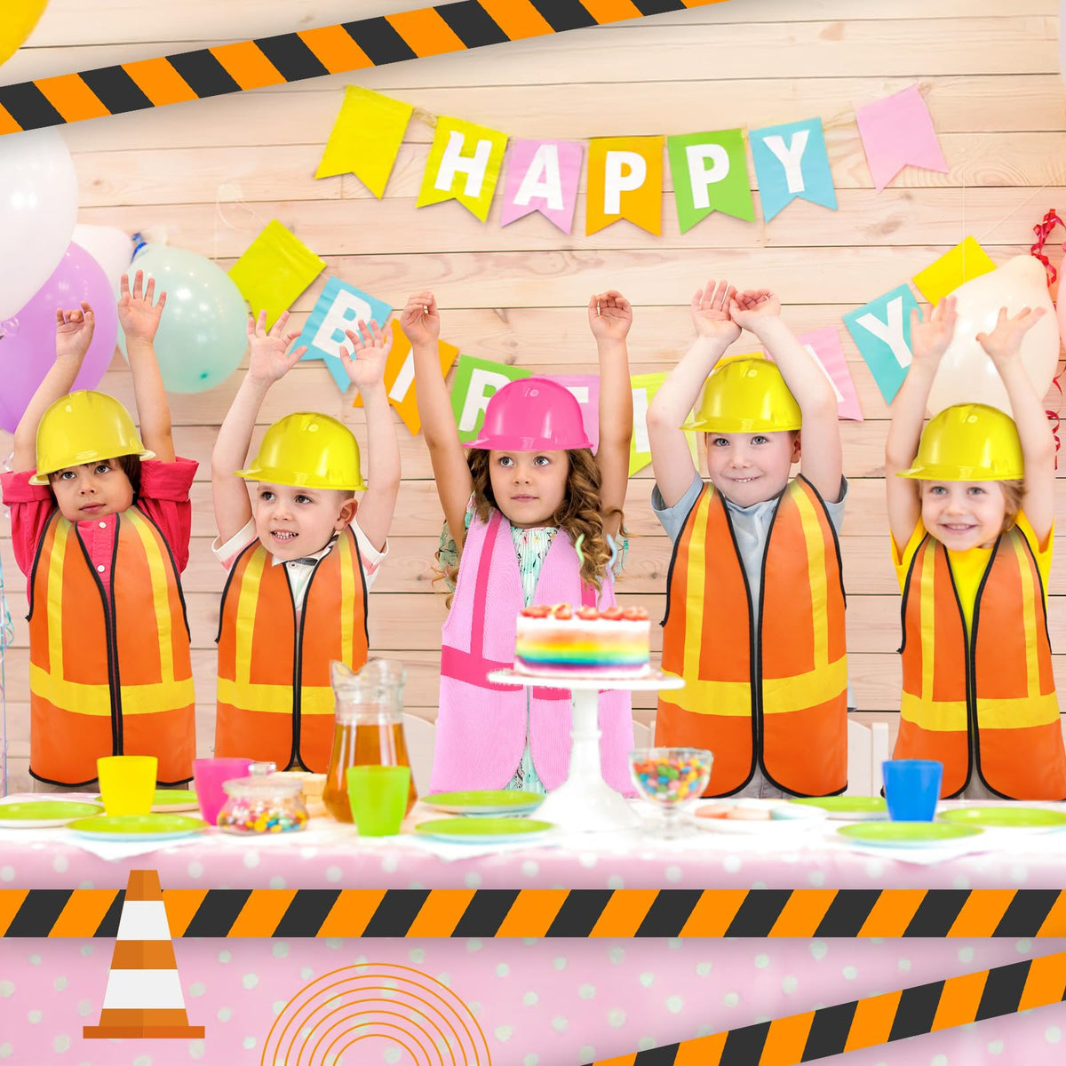 SATINIOR 24 Pcs Construction Party Set — Kids Hat & Vest Dress-Up (Orange & Pink)