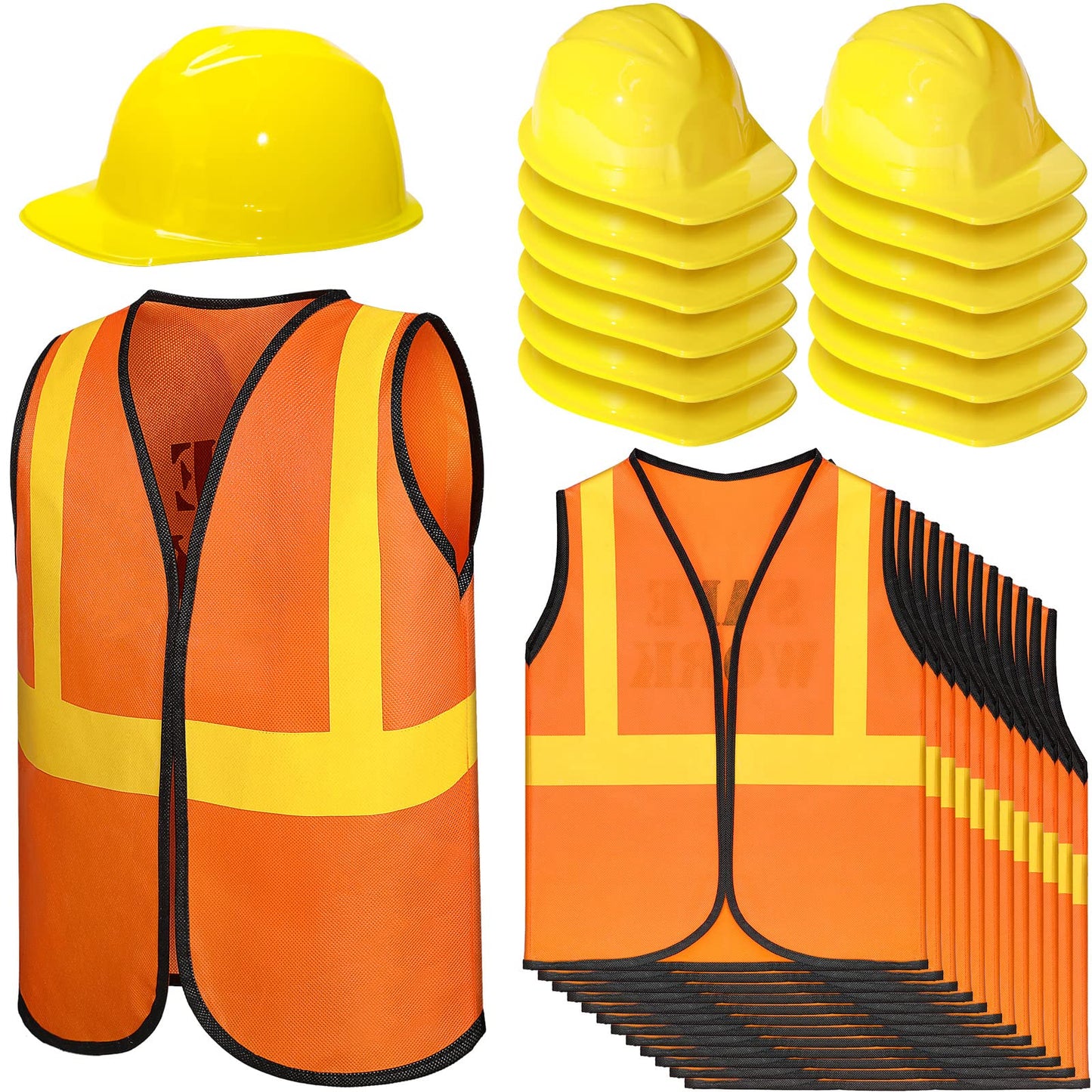 SATINIOR 24 Pcs Construction Costume Kit for Kids – Orange Vest & Yellow Helmet (17 x 13.7 in)