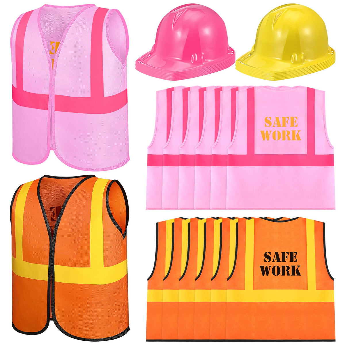 SATINIOR 24 Pcs Construction Party Set — Kids Hat & Vest Dress-Up (Orange & Pink)