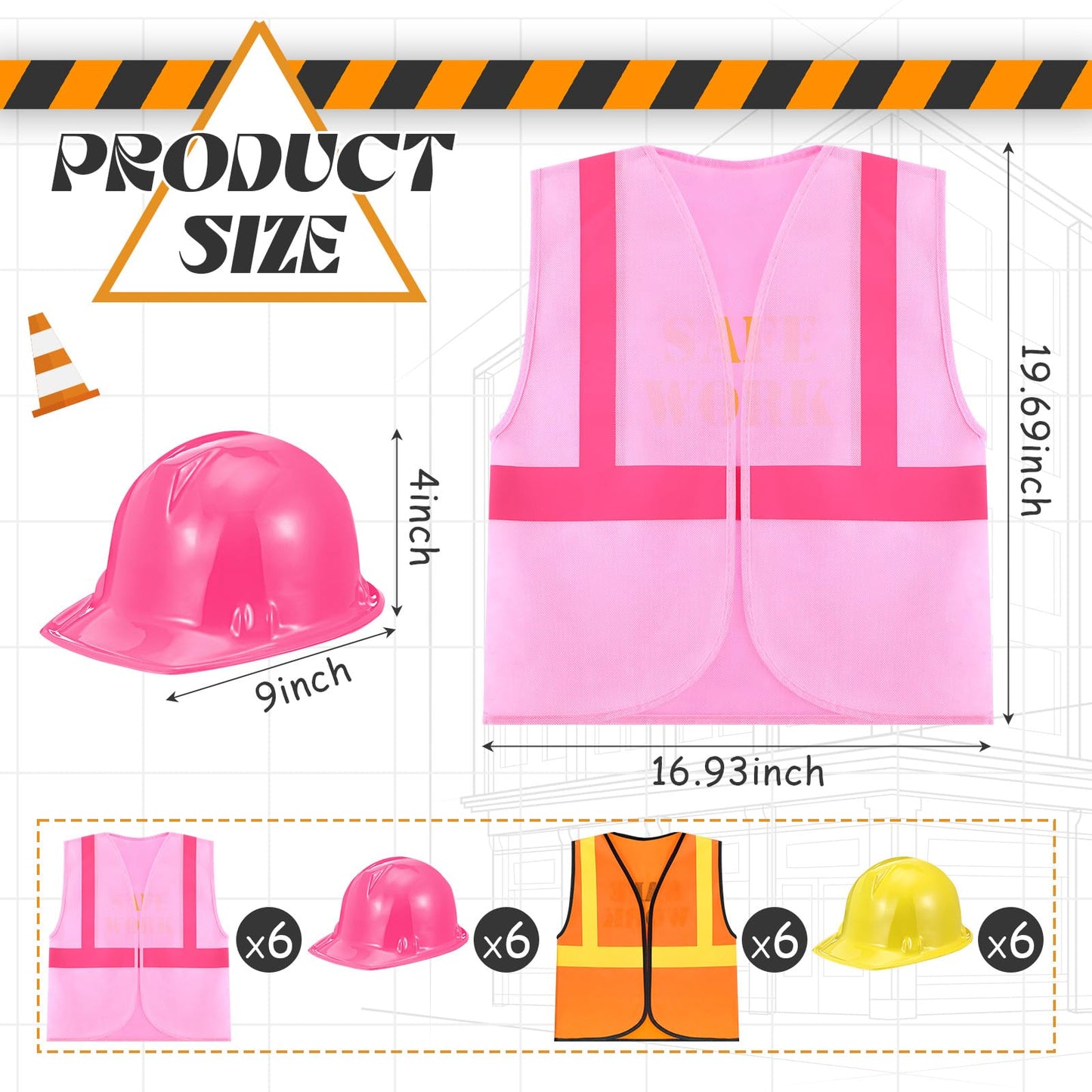 SATINIOR 24 Pcs Construction Party Set — Kids Hat & Vest Dress-Up (Orange & Pink)