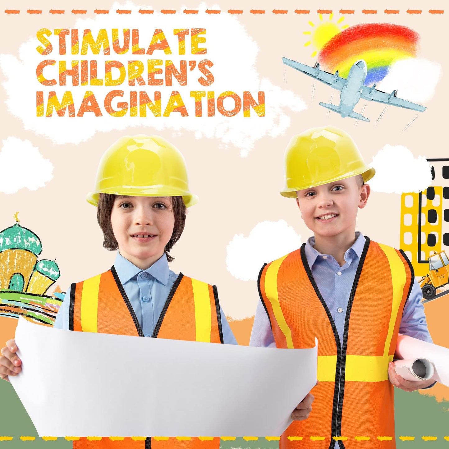 SATINIOR 24 Pcs Construction Costume Kit for Kids – Orange Vest & Yellow Helmet (17 x 13.7 in)