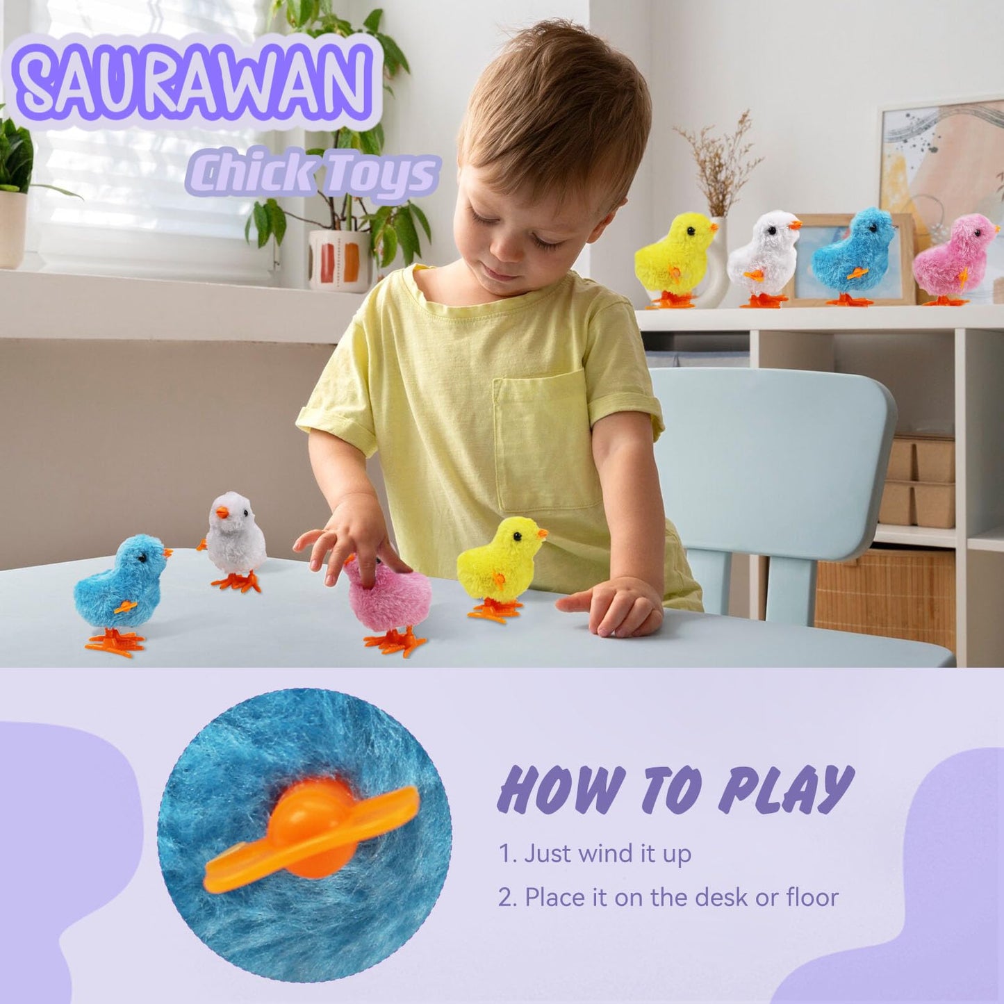SAURAWAN 2-Pcs Chicken Plush Wind-Up Toys for Kids and Toddlers | Soft Jumping Chick Easter Gift