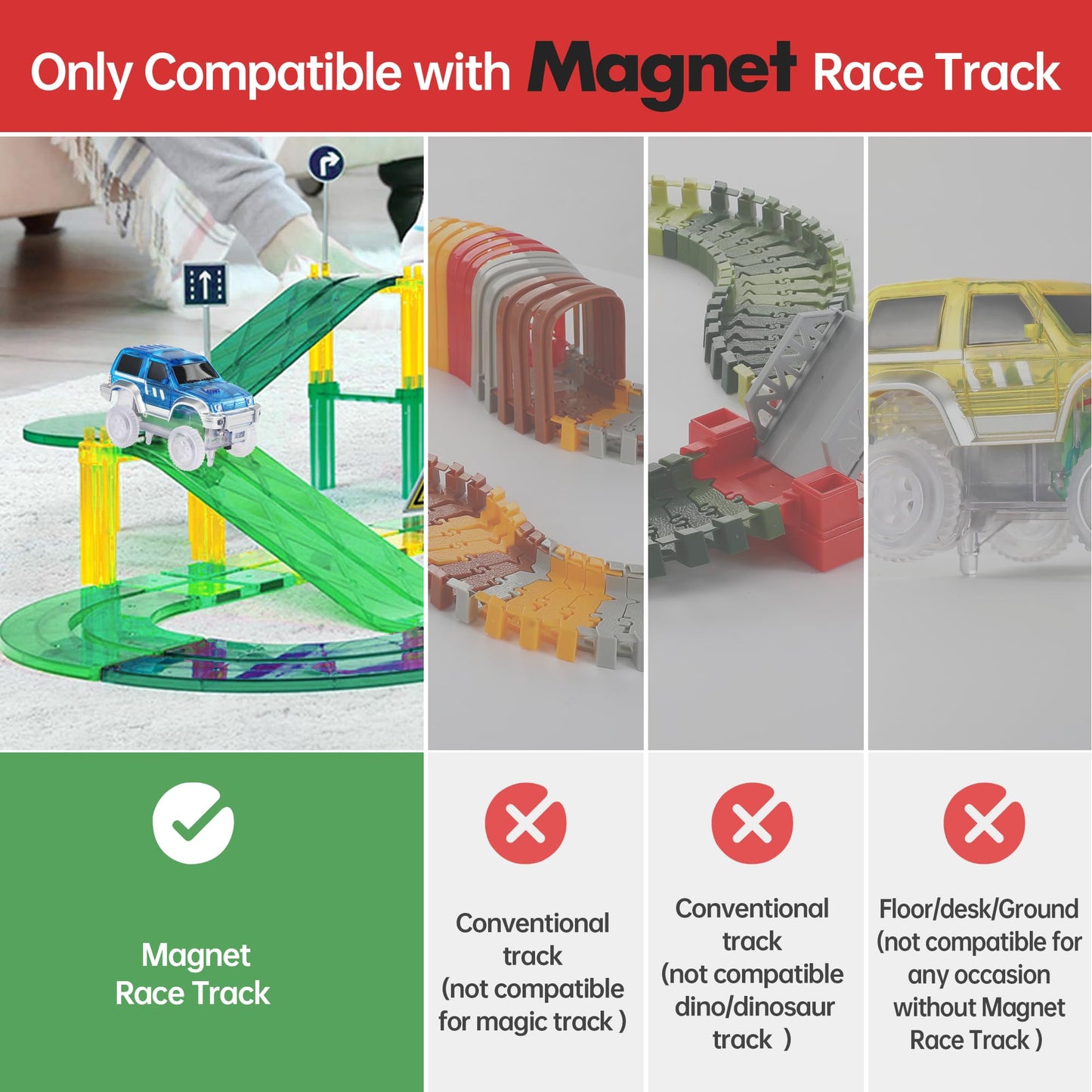 Save Unicorn Magnetic Track Cars 4-Pack – Glow-in-the-Dark LED Race Cars for Magnetic Tracks