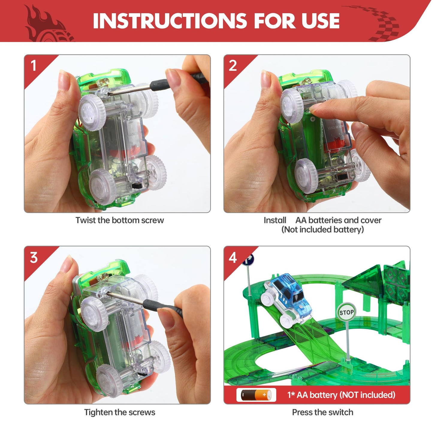 Save Unicorn Magnetic Track Cars 4-Pack – Glow-in-the-Dark LED Race Cars for Magnetic Tracks