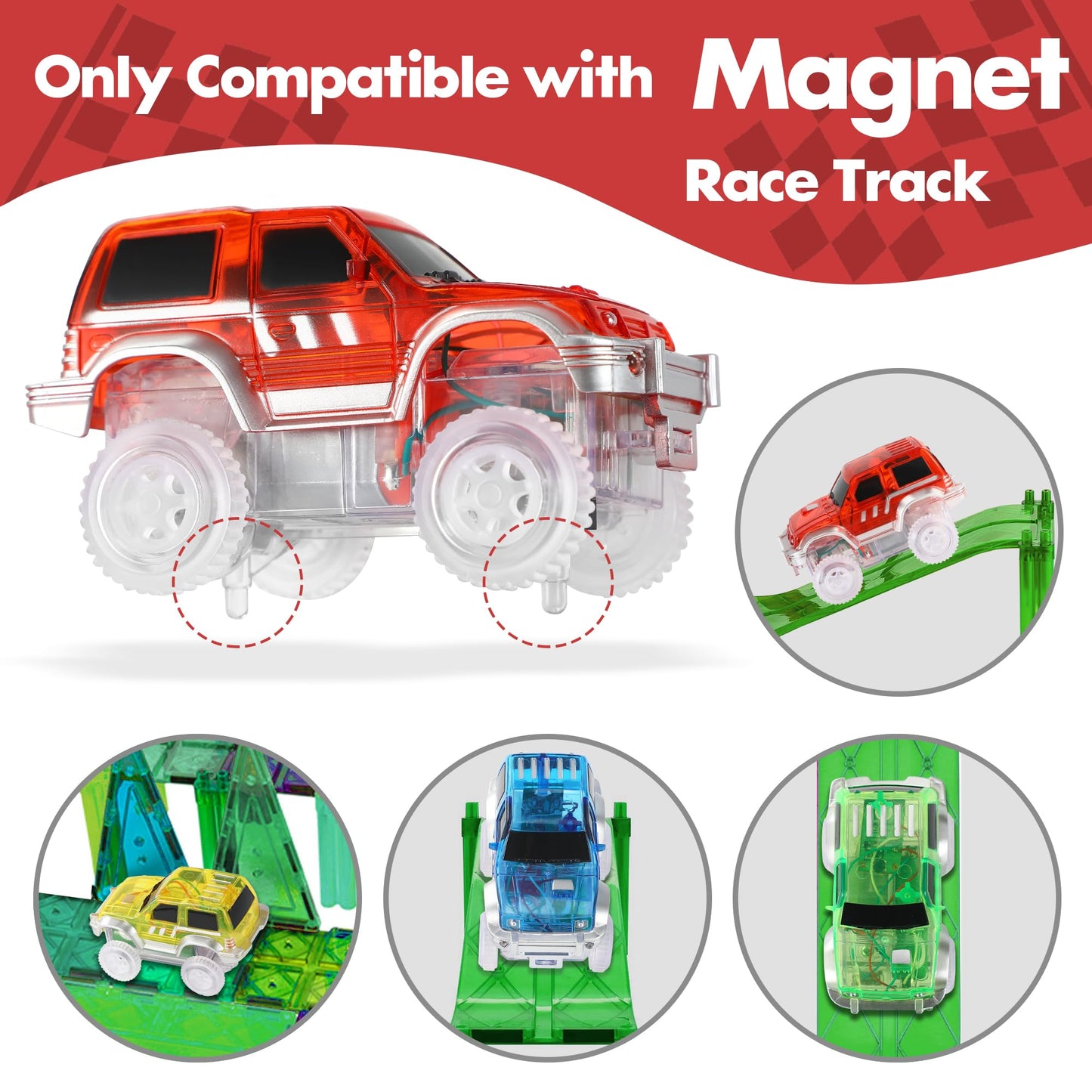 Save Unicorn Magnetic Track Cars 4-Pack – Glow-in-the-Dark LED Race Cars for Magnetic Tracks