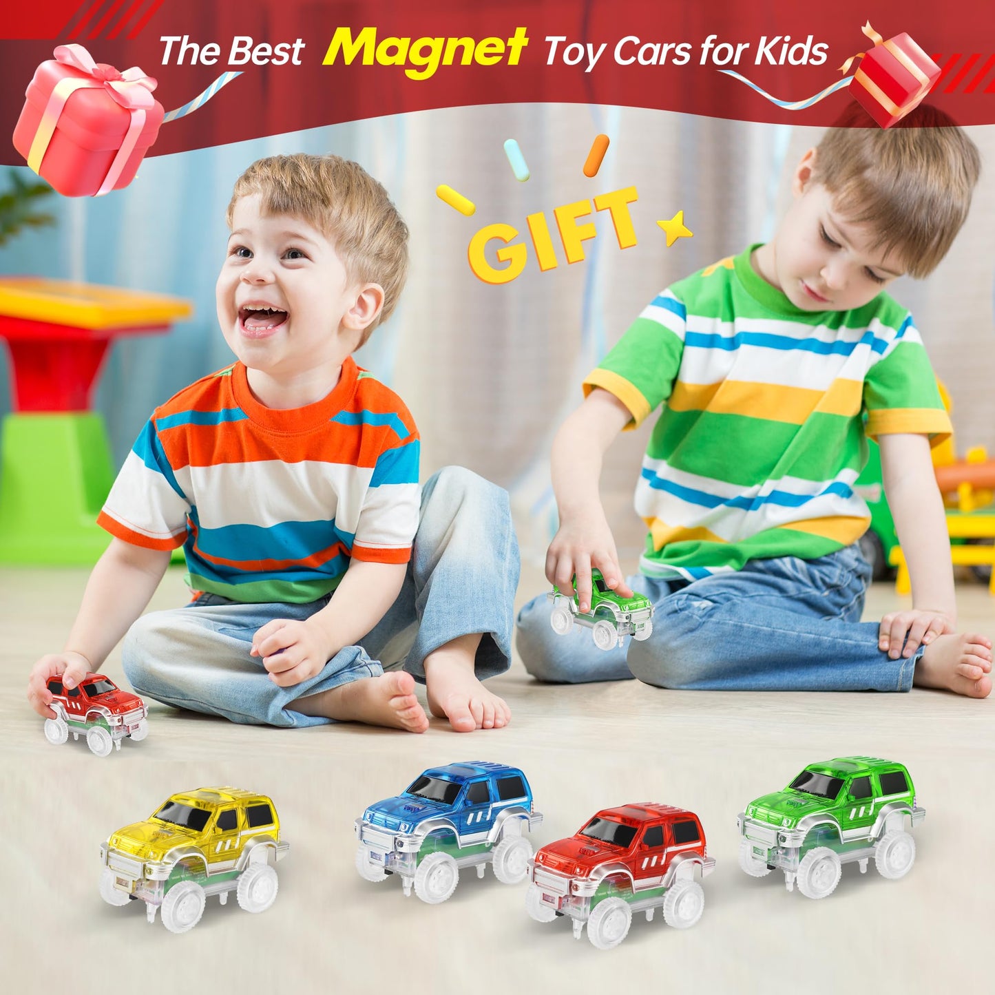 Save Unicorn Magnetic Track Cars 4-Pack – Glow-in-the-Dark LED Race Cars for Magnetic Tracks