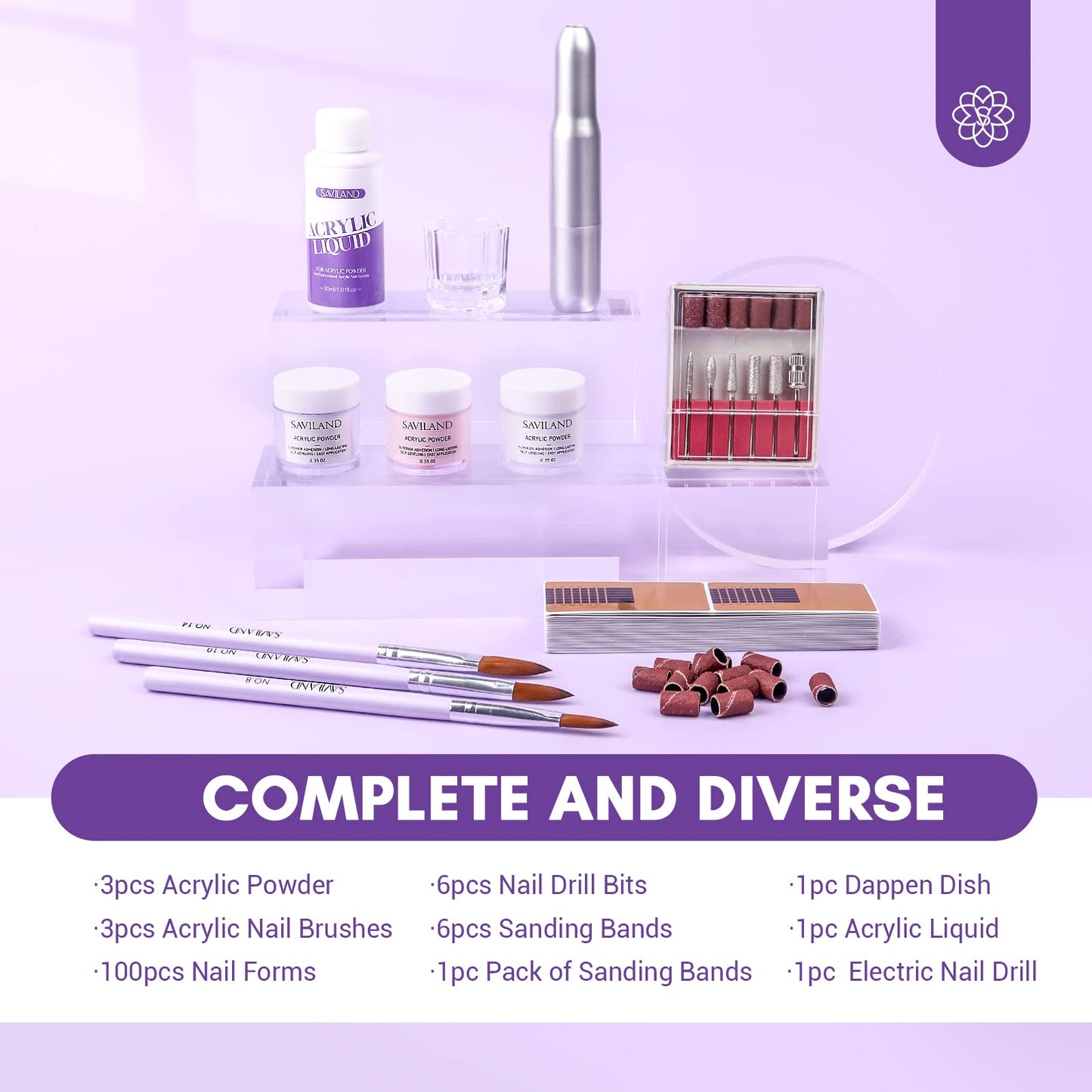 SAVILAND Acrylic Nail Kit with Drill Included – Clear, White & Pink Colors for DIY Nail Extensions