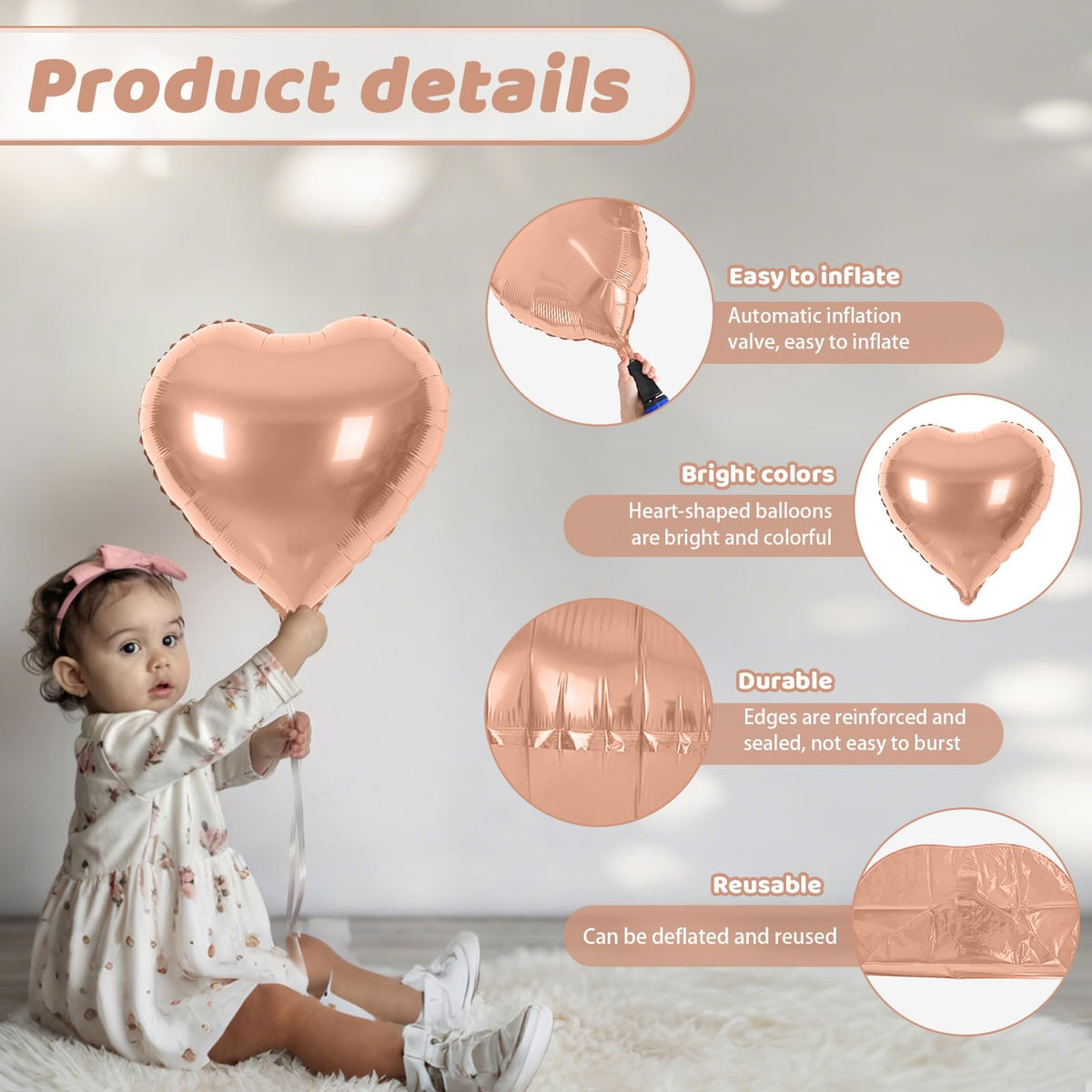 Saxuxu Rose Gold Heart Balloons – 20-Piece Foil Heart Set for Weddings & Valentines Day