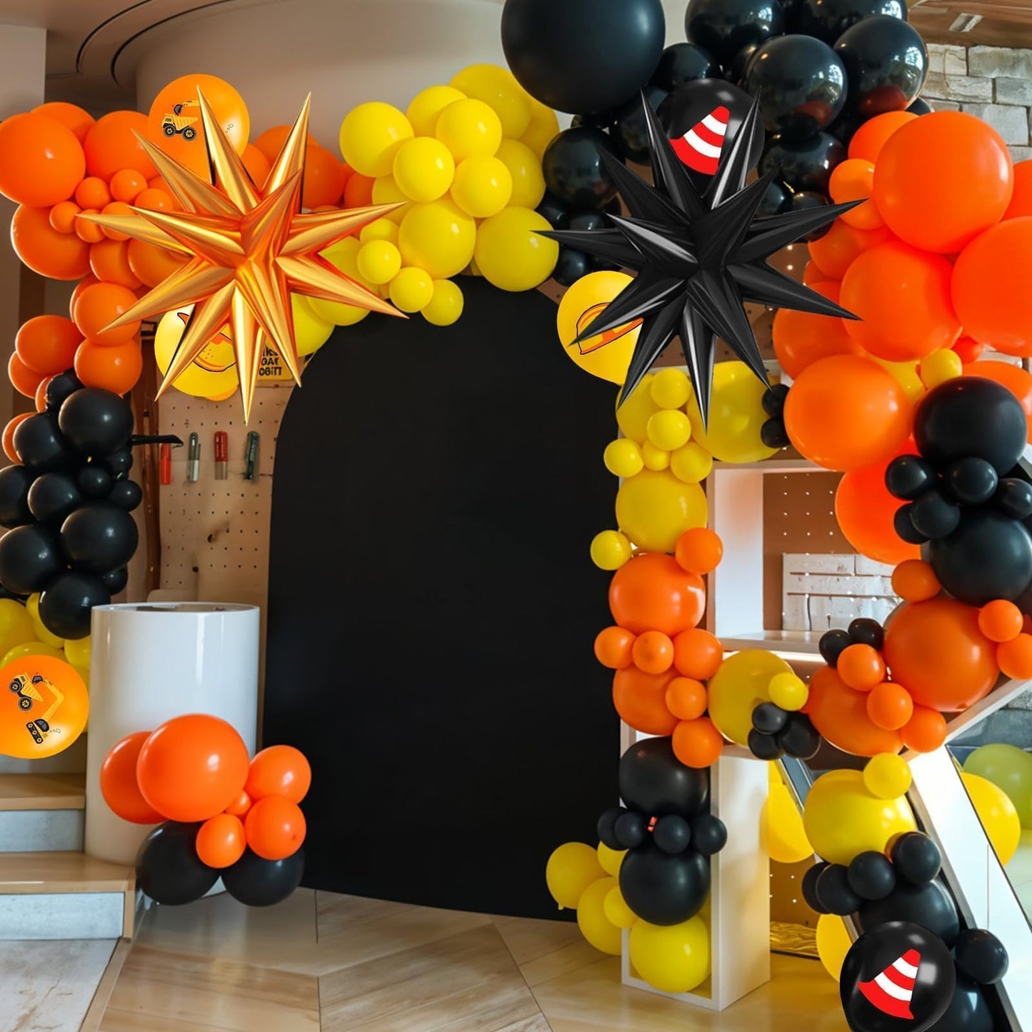 Saxuxu Construction Balloons – Black, Orange & Yellow Confetti for Excavator Party Decor