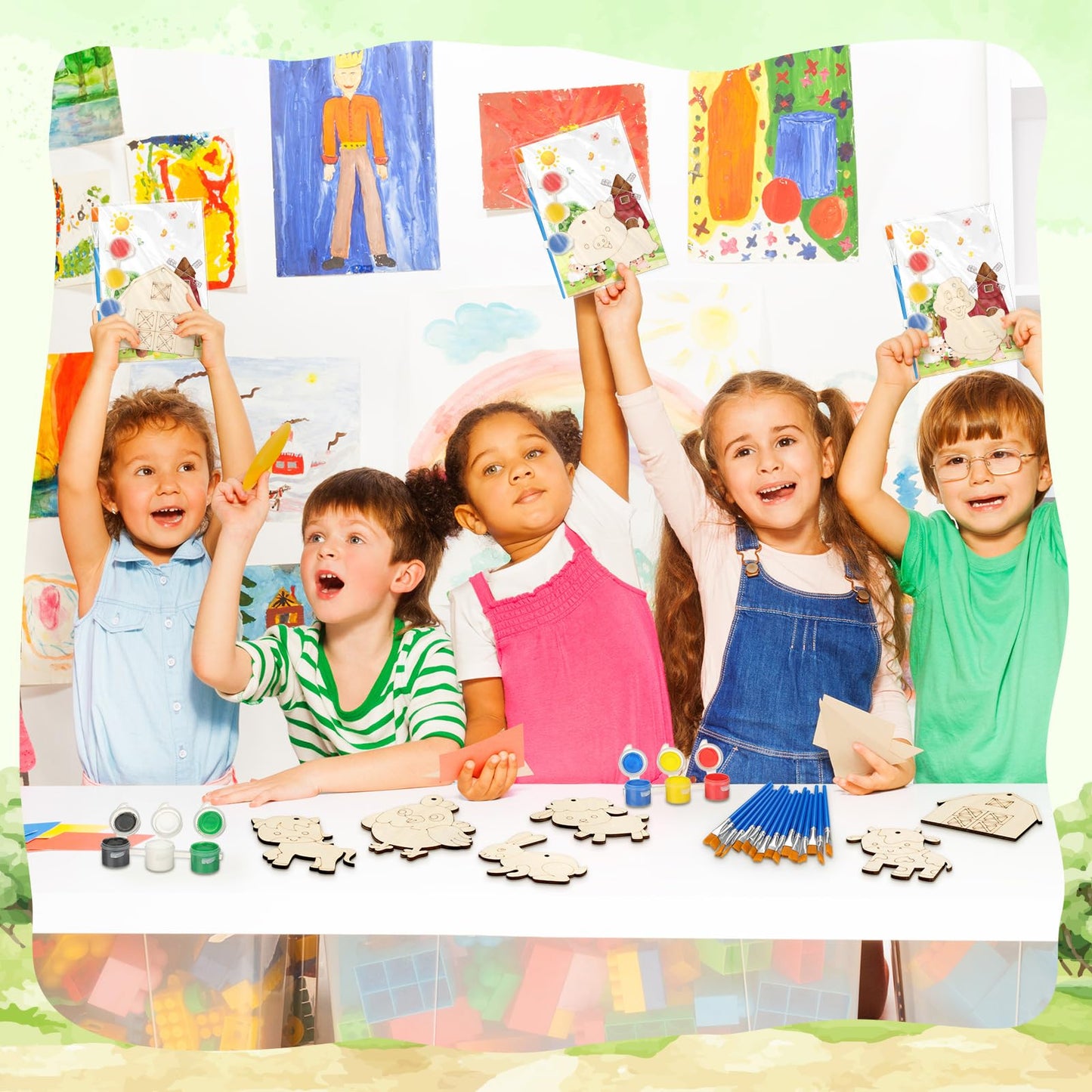 Saypacck 24 Pcs Farm Party Favors — Wooden Painting Craft Kits with Organza Bags