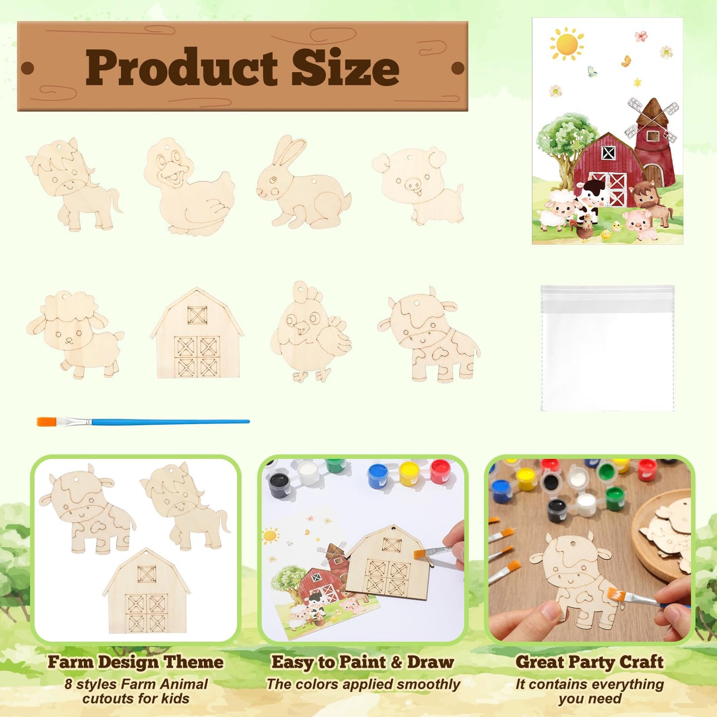 Saypacck 24 Pcs Farm Party Favors — Wooden Painting Craft Kits with Organza Bags