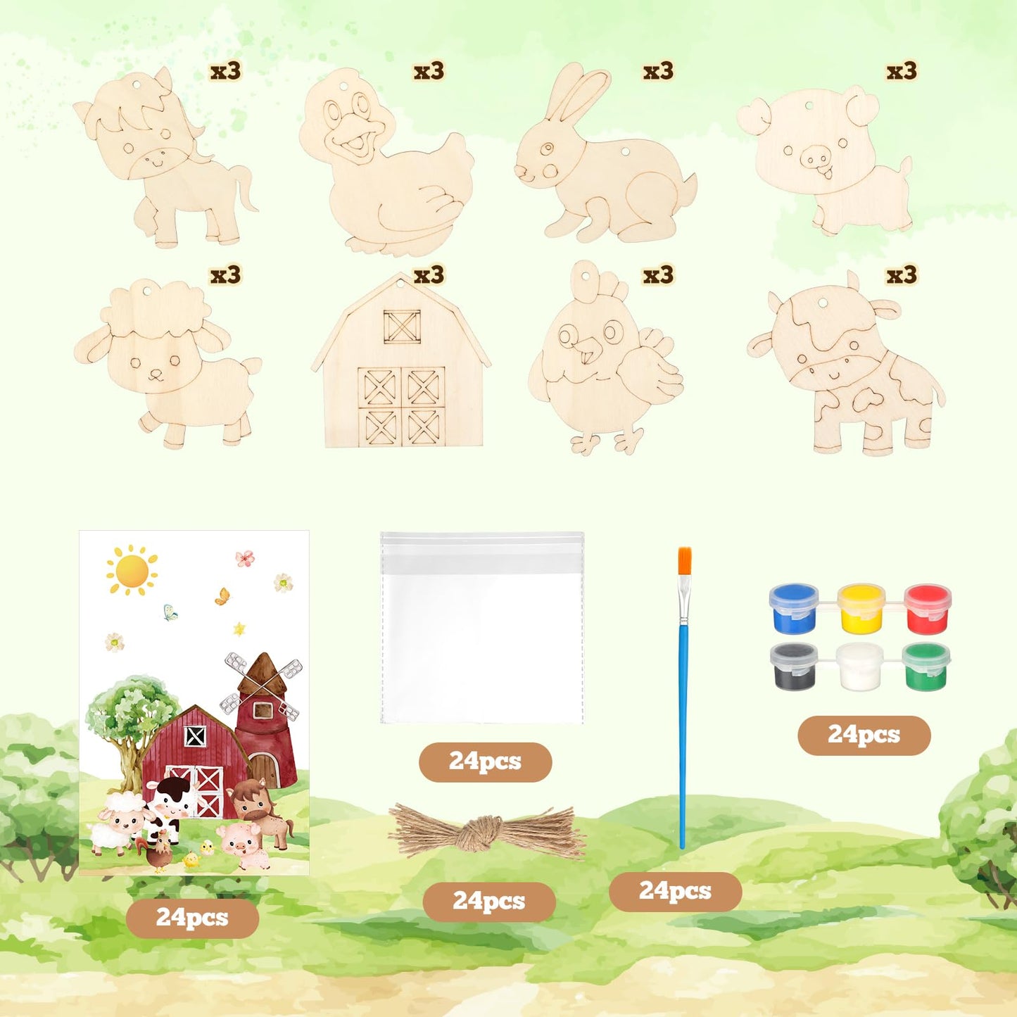 Saypacck 24 Pcs Farm Party Favors — Wooden Painting Craft Kits with Organza Bags