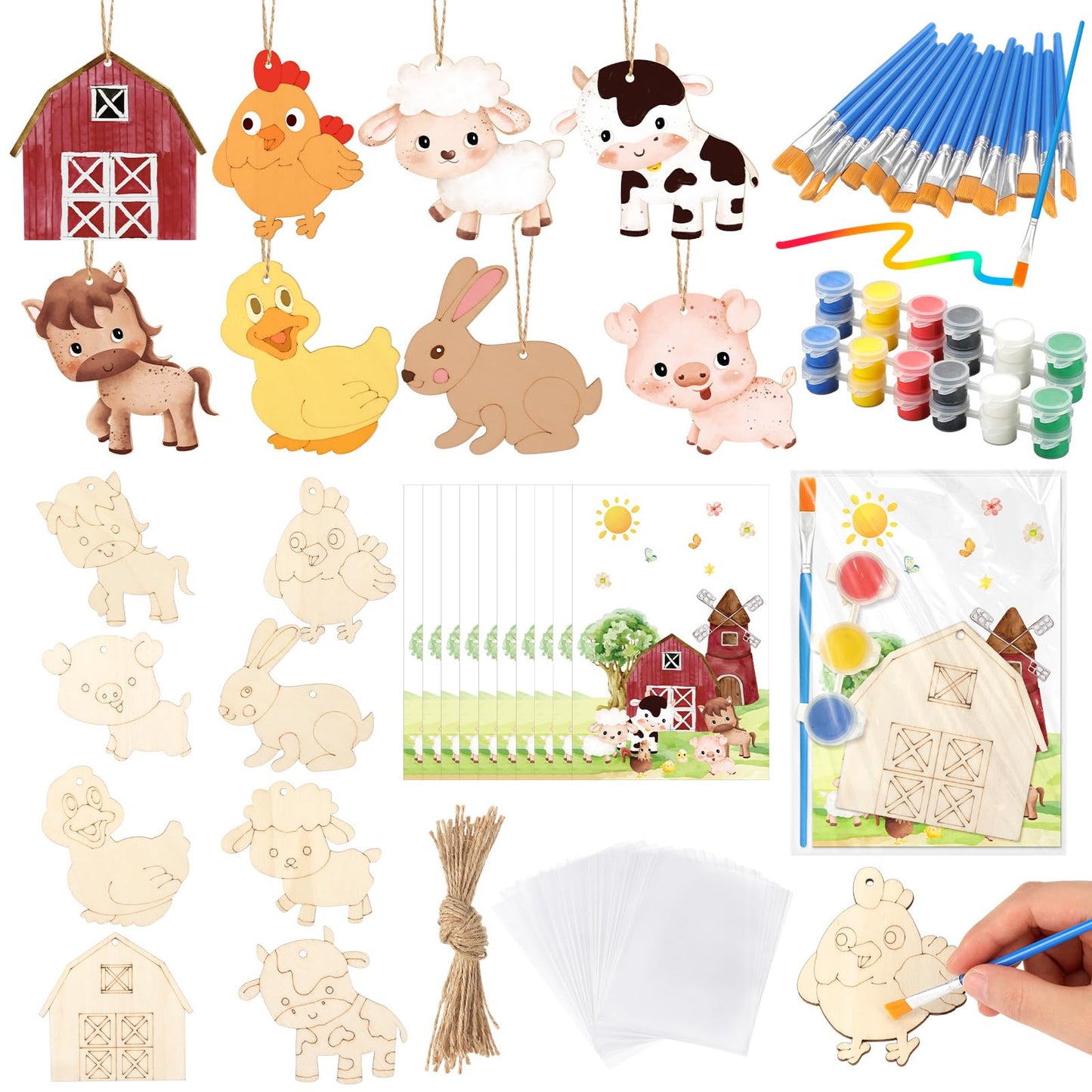 Saypacck 24 Pcs Farm Party Favors — Wooden Painting Craft Kits with Organza Bags