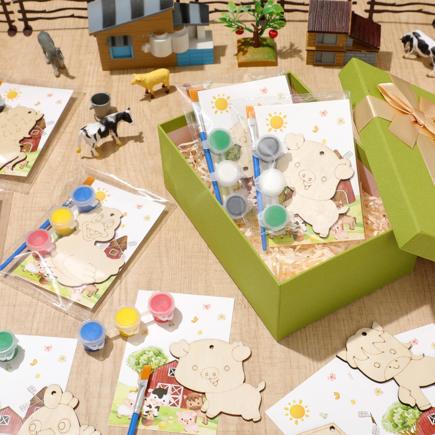 Saypacck 24 Pcs Farm Party Favors — Wooden Painting Craft Kits with Organza Bags