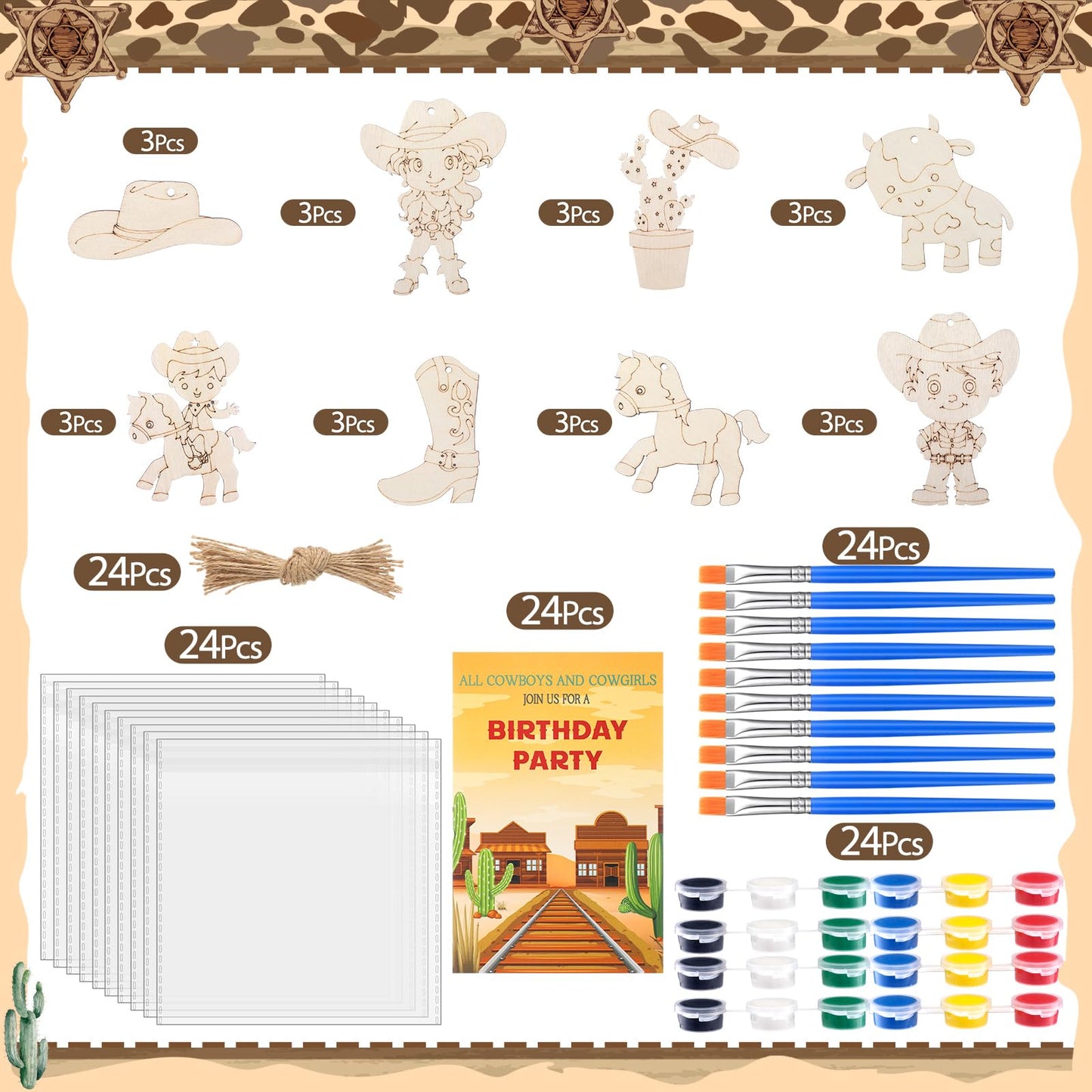Saypacck 24 Pcs Western Cowboy Party Favors – Wooden Craft Kits & Gift Bags