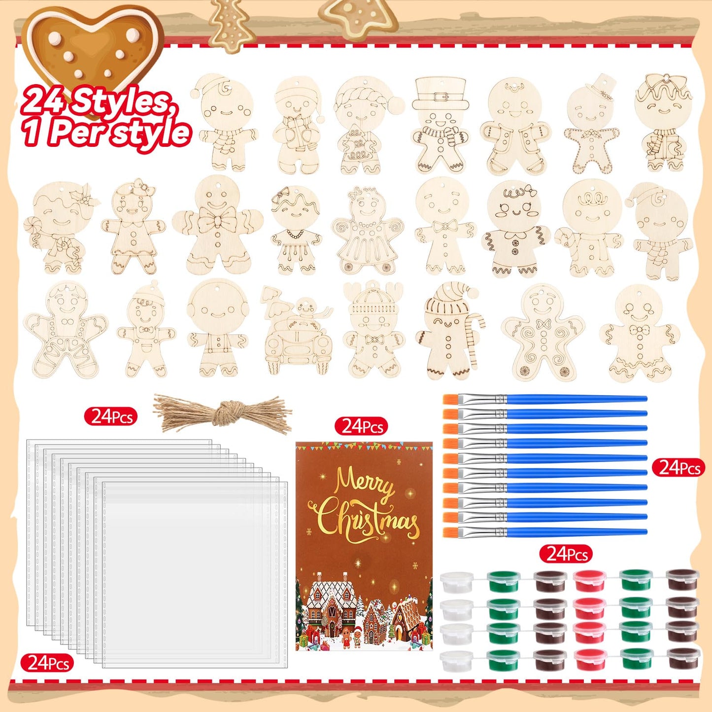 Saypacck 24 Pcs Christmas Gingerbread Man Wooden Painting Craft Kit – DIY Ornaments & Party Favors