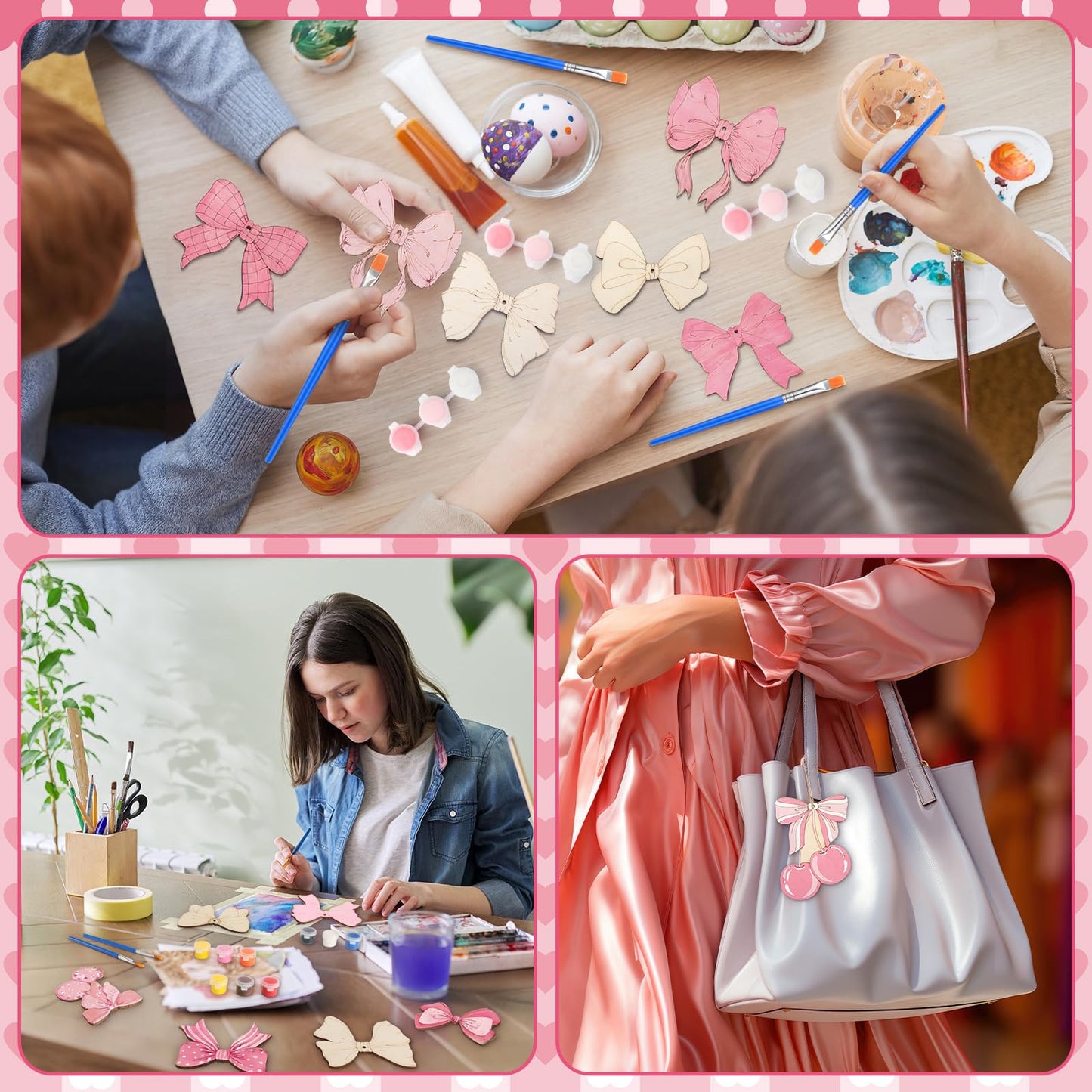 Saypacck Pink Bow Party Favors – 24 Wooden Craft Kits for Creative DIY Gifts
