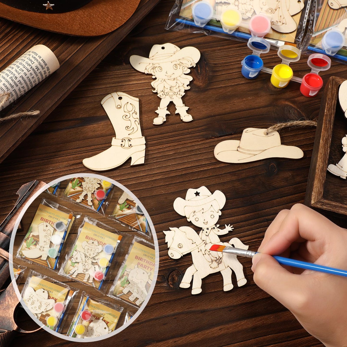 Saypacck 24 Pcs Western Cowboy Party Favors – Wooden Craft Kits & Gift Bags