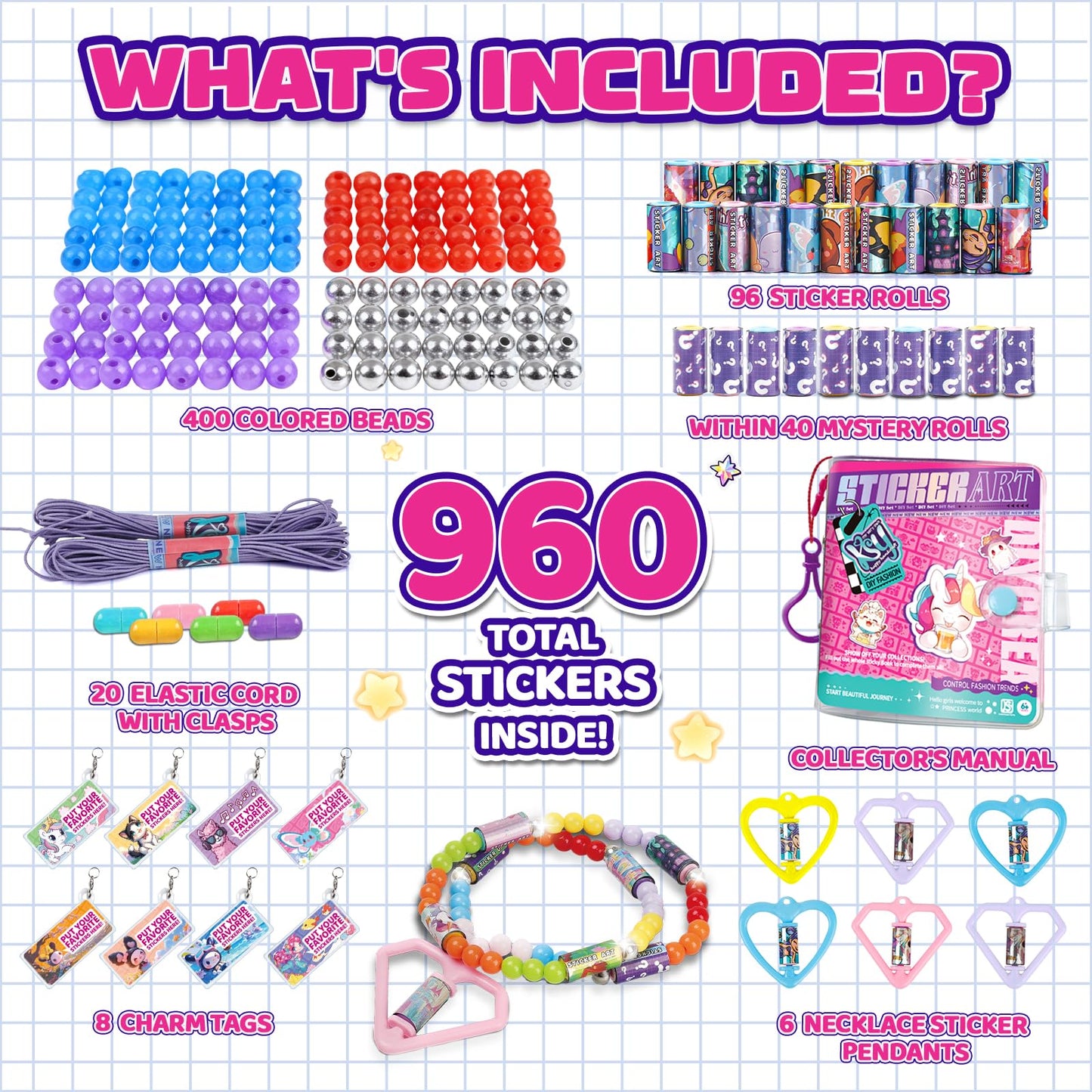 Scarmat 960pcs DIY Jewelry Sticker Kit – 70 Unique Kawaii Stickers & Wearable Bracelets for Girls