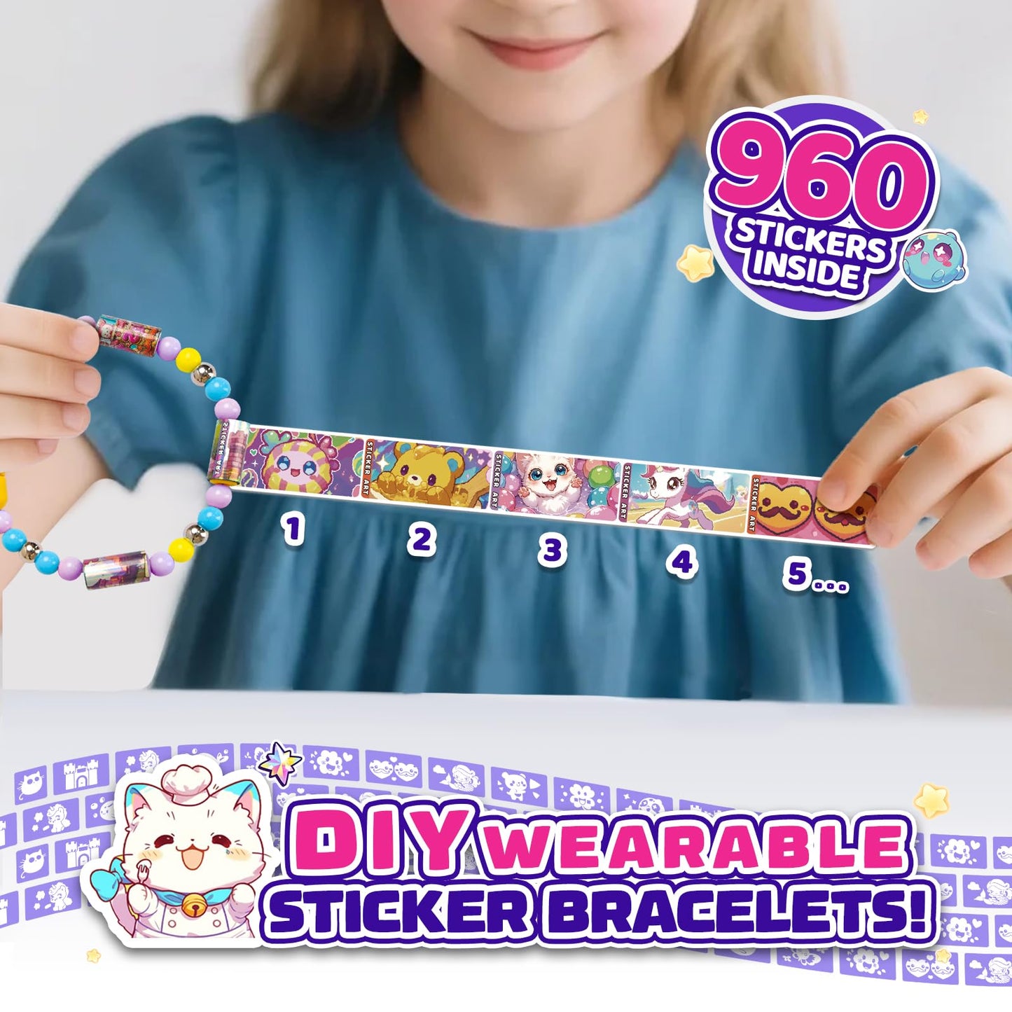 Scarmat 960pcs DIY Jewelry Sticker Kit – 70 Unique Kawaii Stickers & Wearable Bracelets for Girls