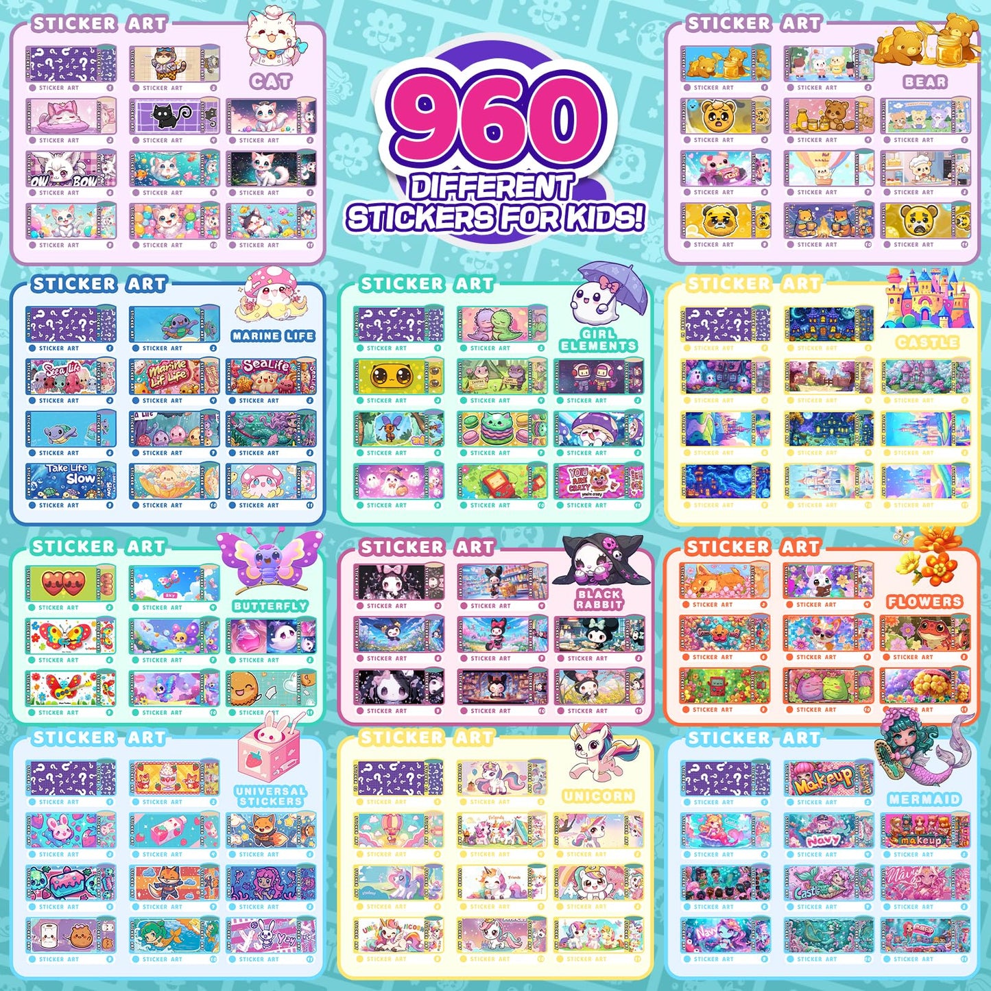 Scarmat 960pcs DIY Jewelry Sticker Kit – 70 Unique Kawaii Stickers & Wearable Bracelets for Girls