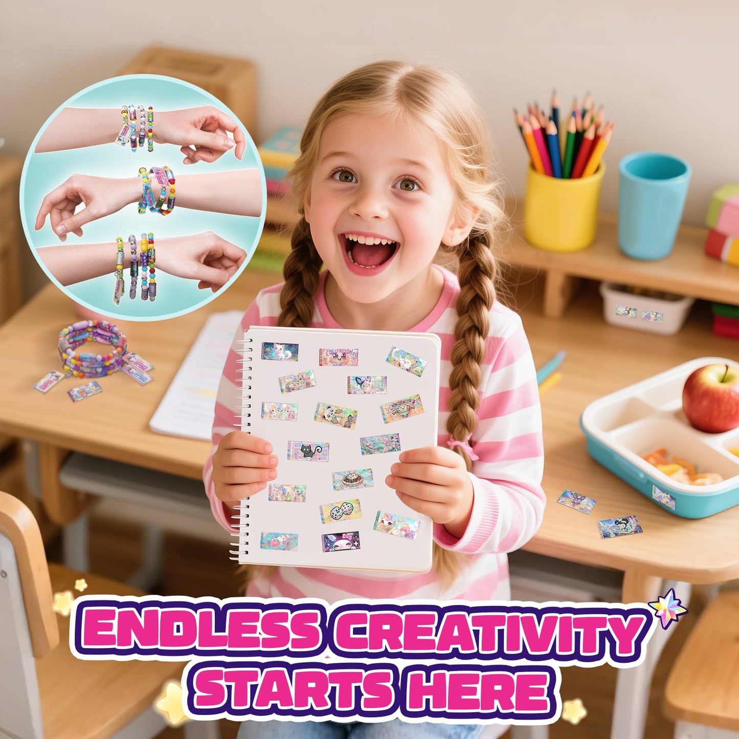 Scarmat 960pcs DIY Jewelry Sticker Kit – 70 Unique Kawaii Stickers & Wearable Bracelets for Girls