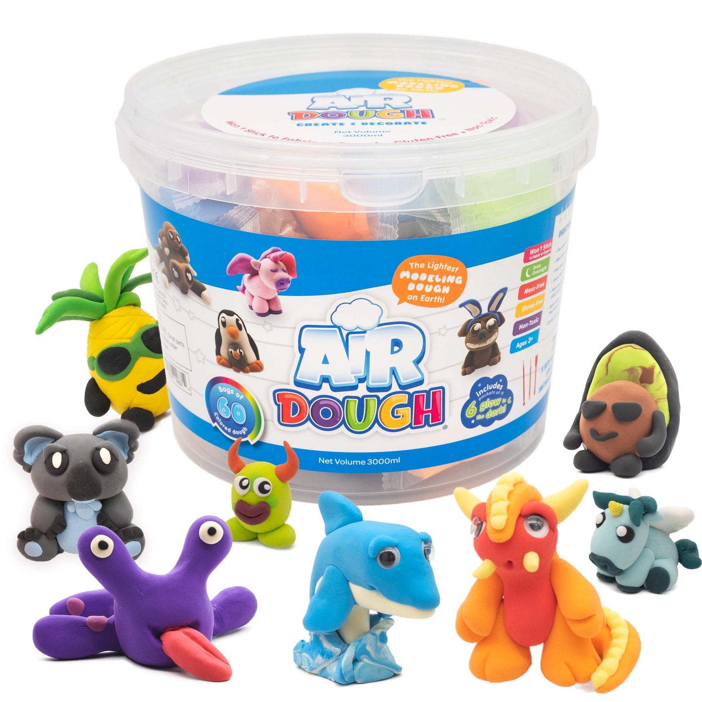 Scentco Air Dough - 60 Color Bags Ultra-Light, Non-Toxic Modeling Clay in Bucket with Tools & Tutorials