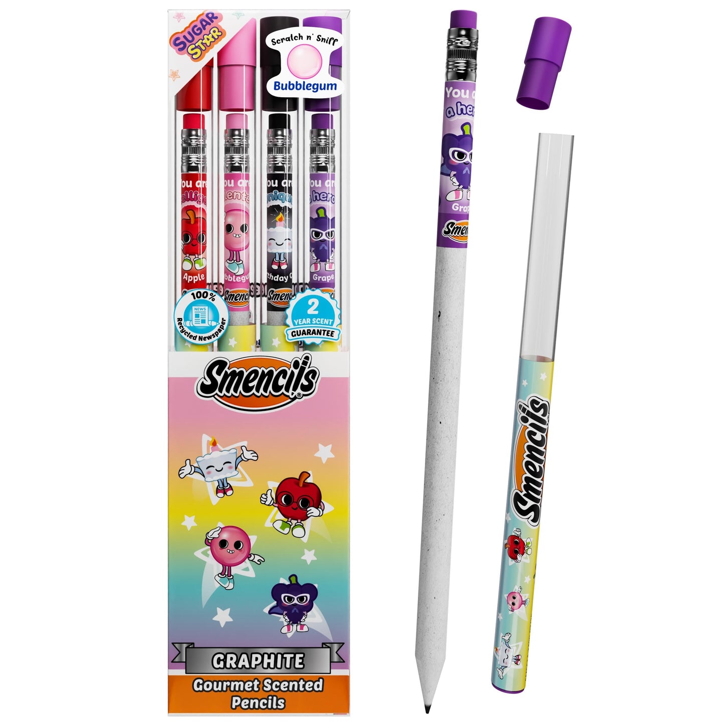 Smencils Sugar Star Scented Pencils – 4 Pack, HB #2, Recycled Newspaper | Scentco