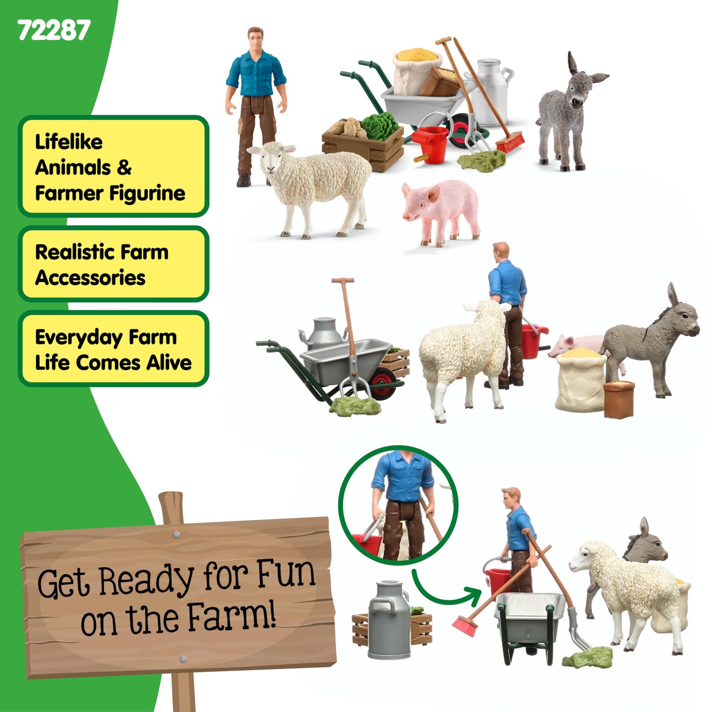 Schleich Farm World 19pc Animal Feeding Playset – Piglet, Sheep & Donkey with Wheelbarrow | Durable Barnyard Toys