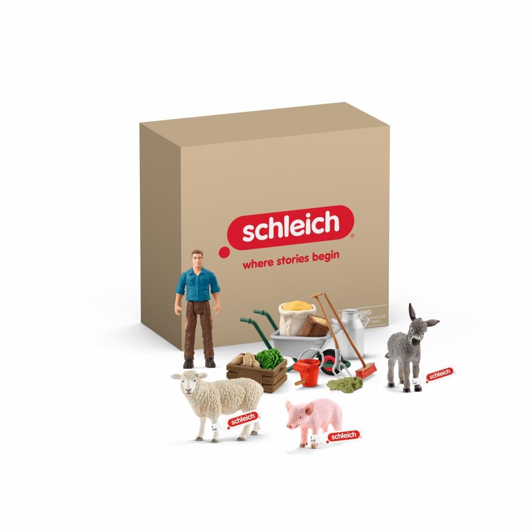 Schleich Farm World 19pc Animal Feeding Playset – Piglet, Sheep & Donkey with Wheelbarrow | Durable Barnyard Toys