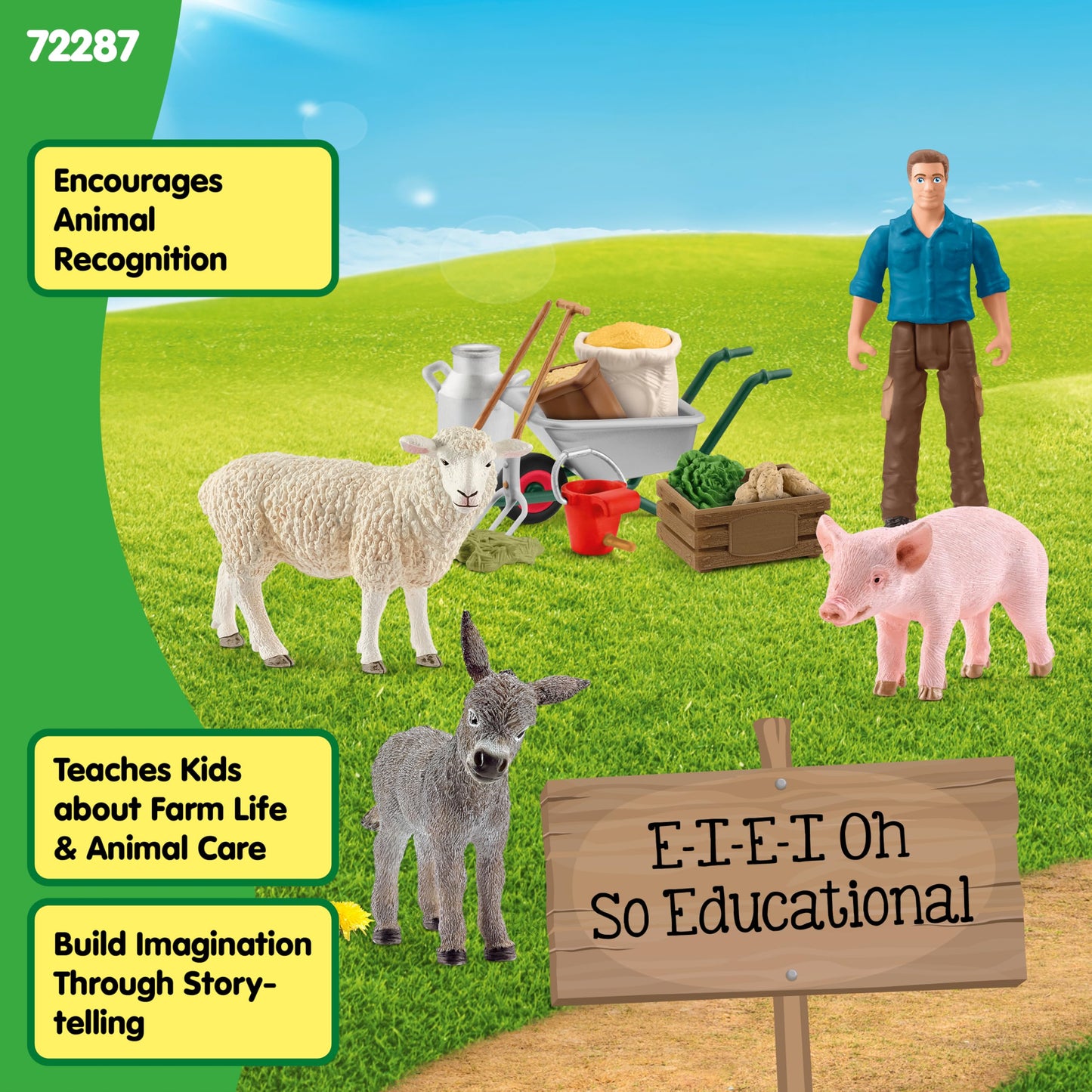 Schleich Farm World 19pc Animal Feeding Playset – Piglet, Sheep & Donkey with Wheelbarrow | Durable Barnyard Toys