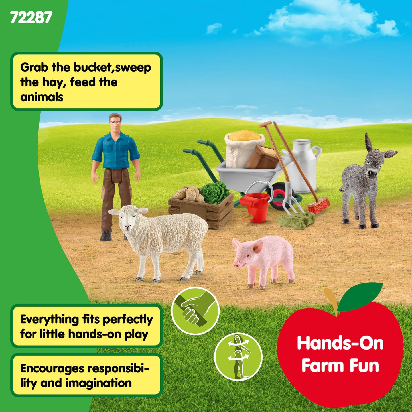 Schleich Farm World 19pc Animal Feeding Playset – Piglet, Sheep & Donkey with Wheelbarrow | Durable Barnyard Toys