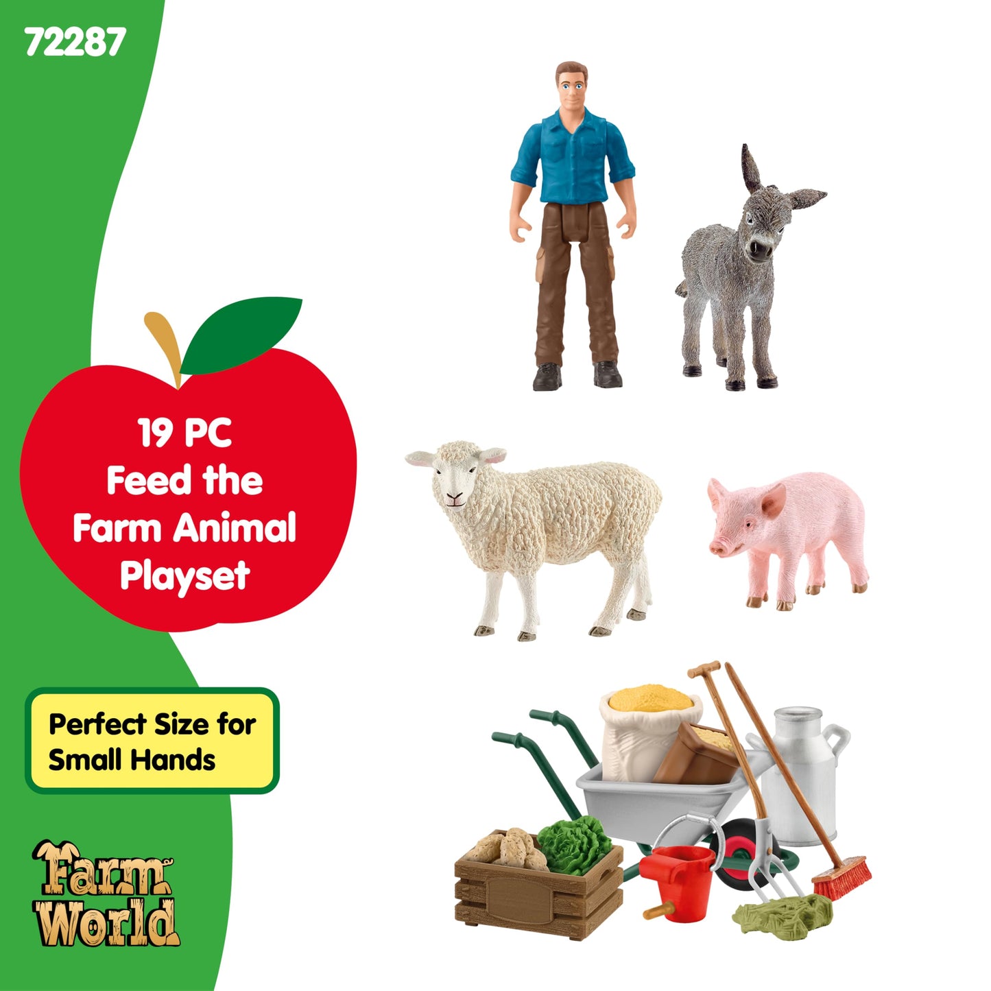 Schleich Farm World 19pc Animal Feeding Playset – Piglet, Sheep & Donkey with Wheelbarrow | Durable Barnyard Toys