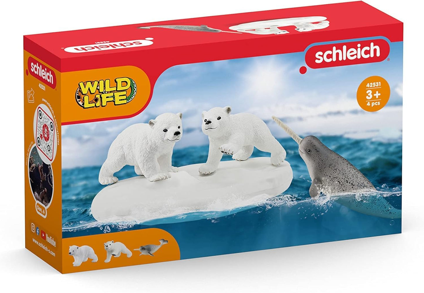 Schleich Wild Life Polar Playground — 4pc Polar Bear Cub & Narwhal Figures