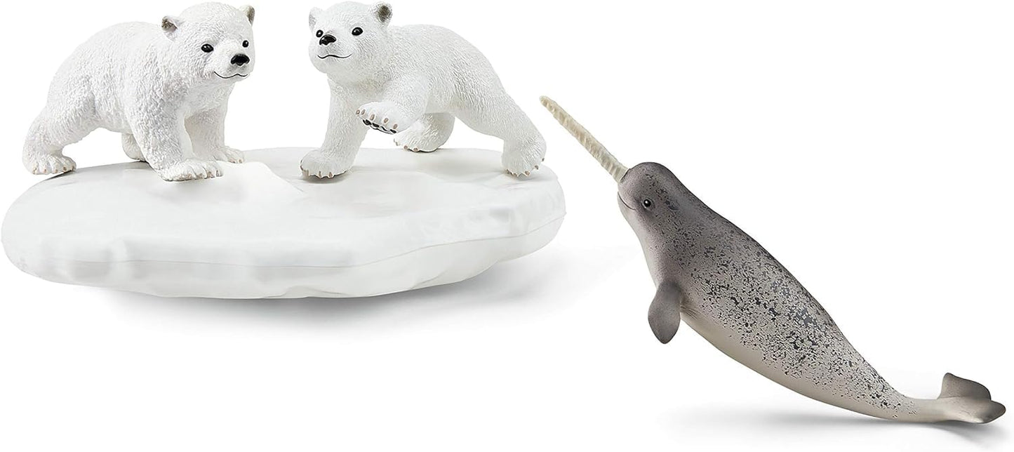 Schleich Wild Life Polar Playground — 4pc Polar Bear Cub & Narwhal Figures